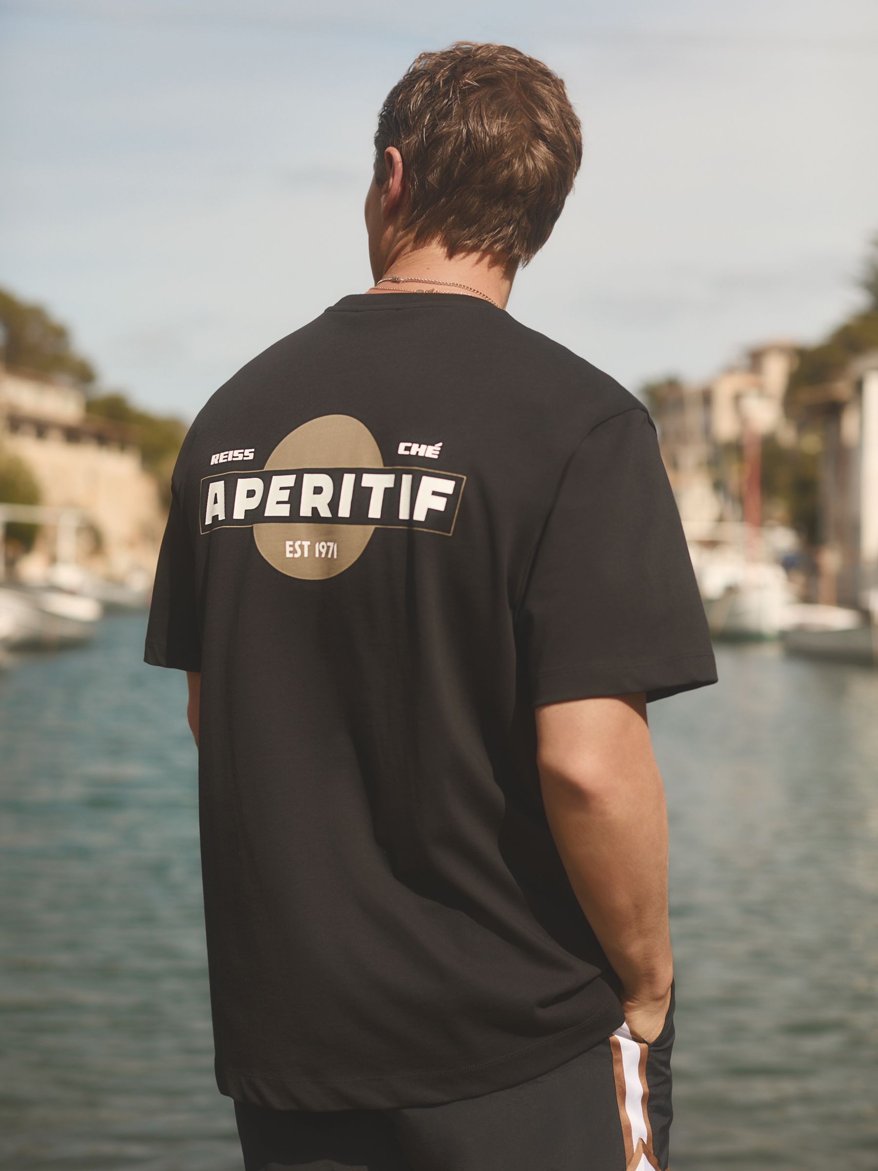 Reiss | Ché Oversized Cotton Aperitif Print T-Shirt in Black - Image 1 of 5