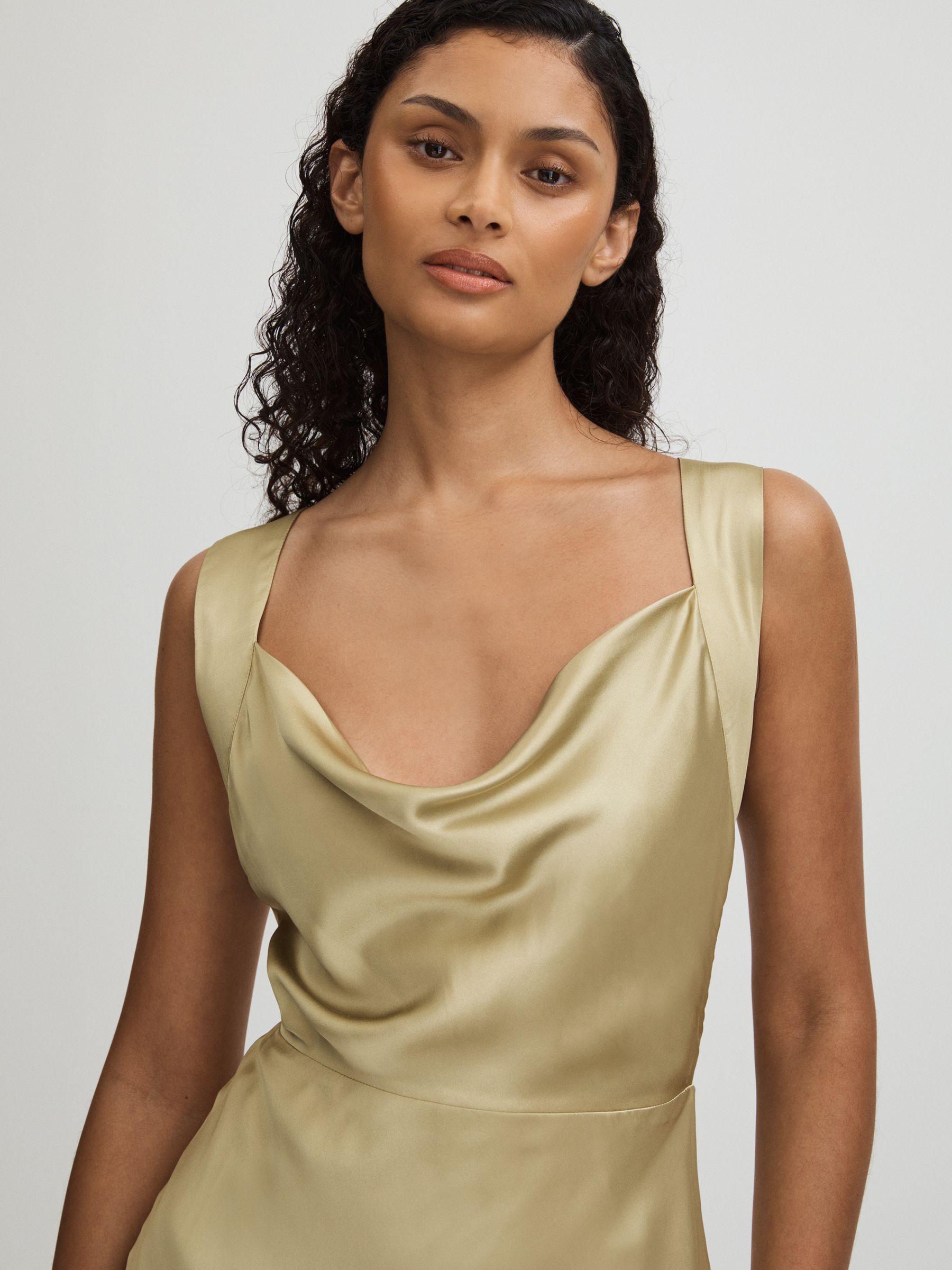 Marcel Olive Paige Olive Silk Satin Cowl Neck Midi Dress - Image 3 of 4