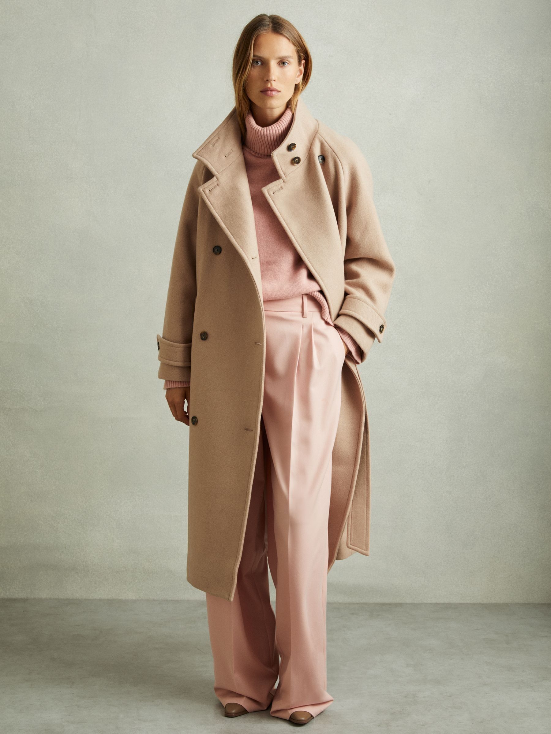 Wool Blend Double Breasted Funnel Neck Coat in Neutral - Image 1 of 6