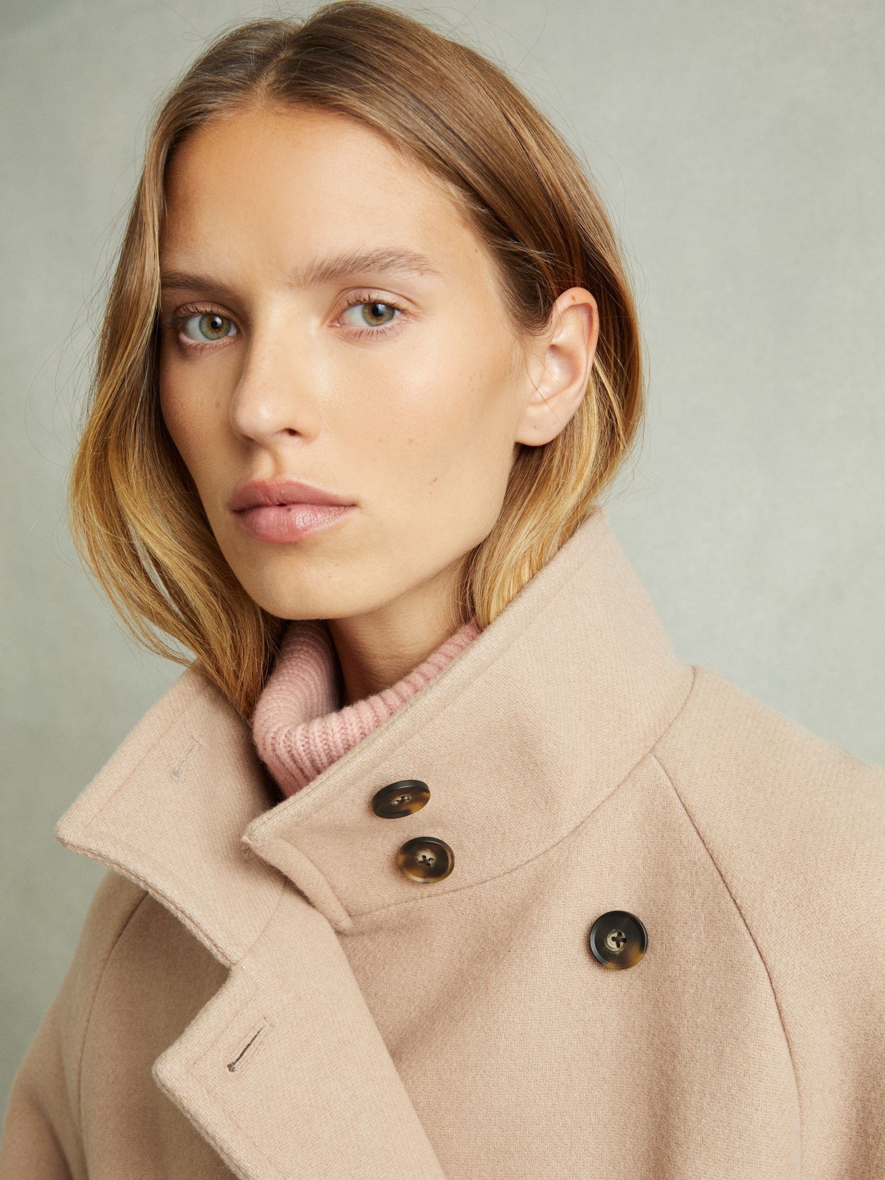 Wool Blend Double Breasted Funnel Neck Coat in Neutral - Image 3 of 6