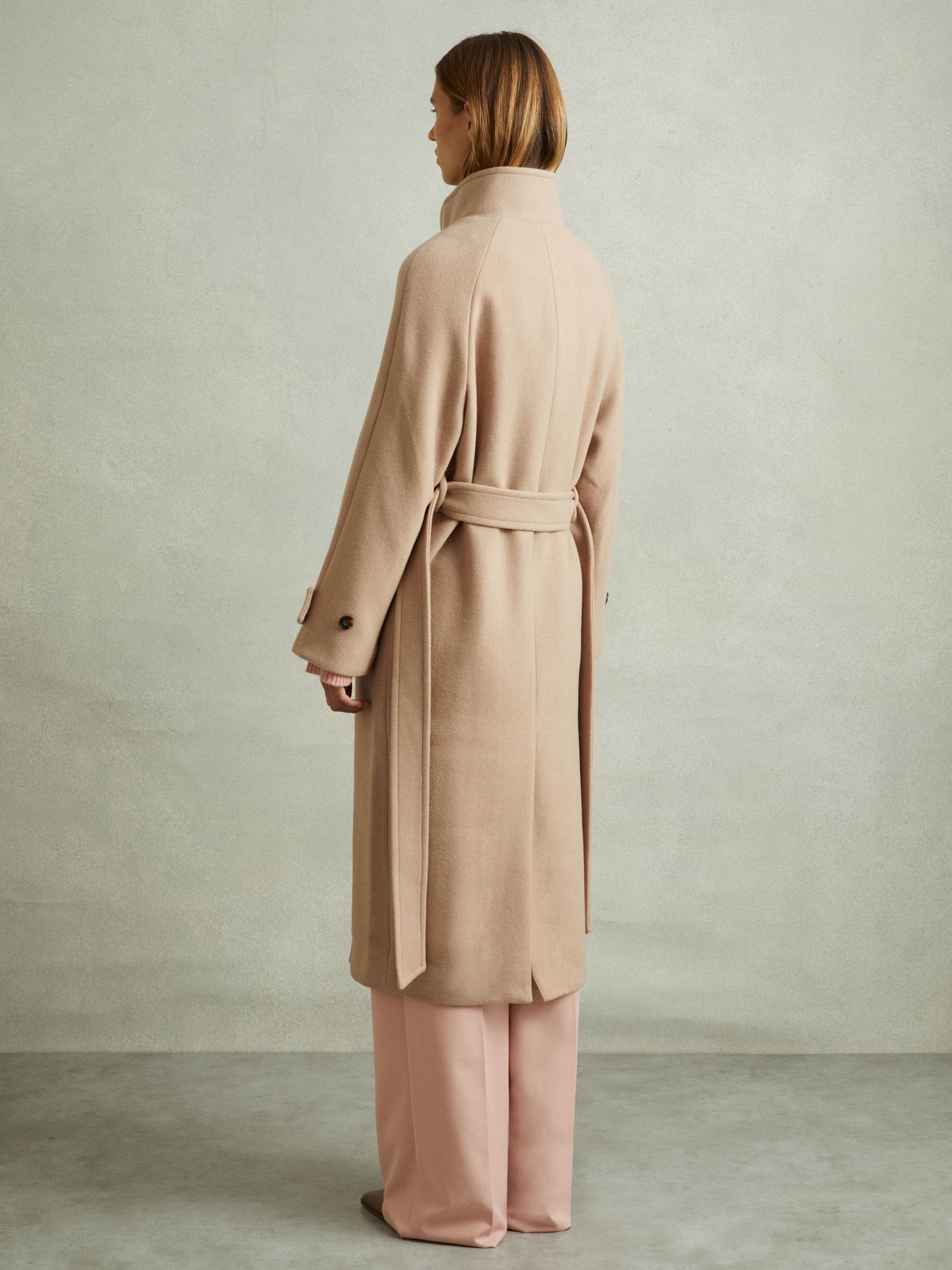 Wool Blend Double Breasted Funnel Neck Coat in Neutral - Image 5 of 6