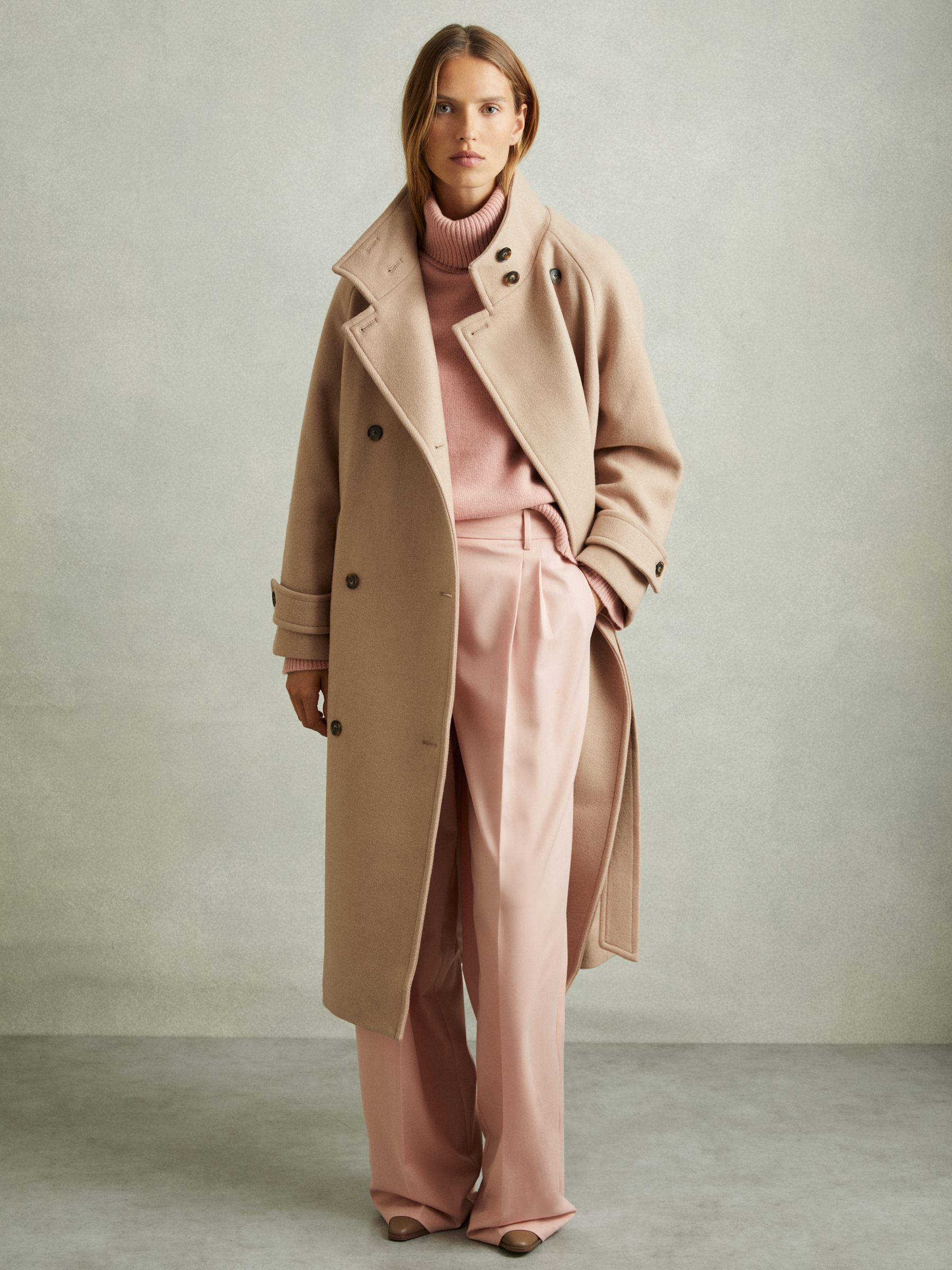 Petite Wool Blend Double Breasted Funnel Neck Coat in Neutral - Image 4 of 7