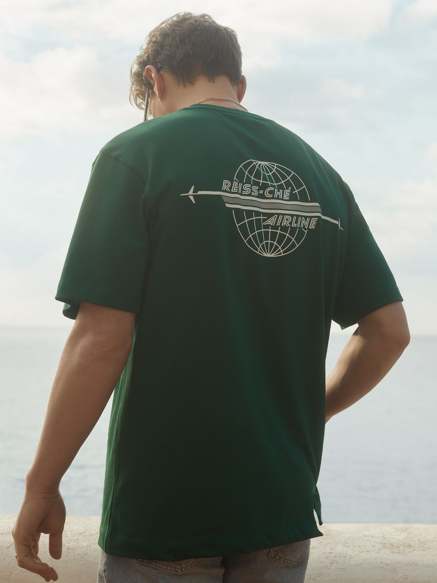 Captain Dark Green/White Reiss Ché Oversized Cotton Airline Print T-Shirt - Image 1 of 6