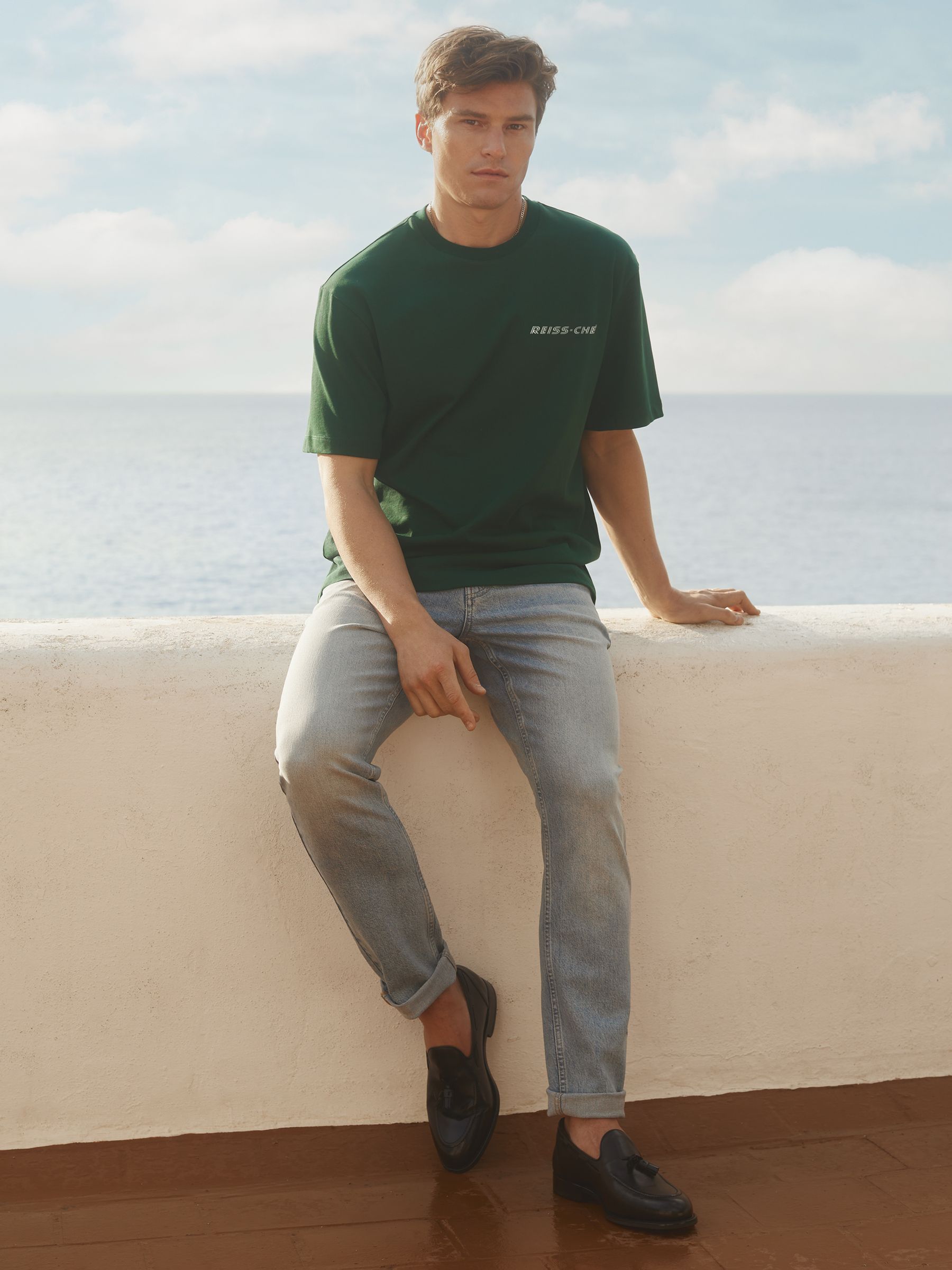 Captain Dark Green/White Reiss Ché Oversized Cotton Airline Print T-Shirt - Image 3 of 6