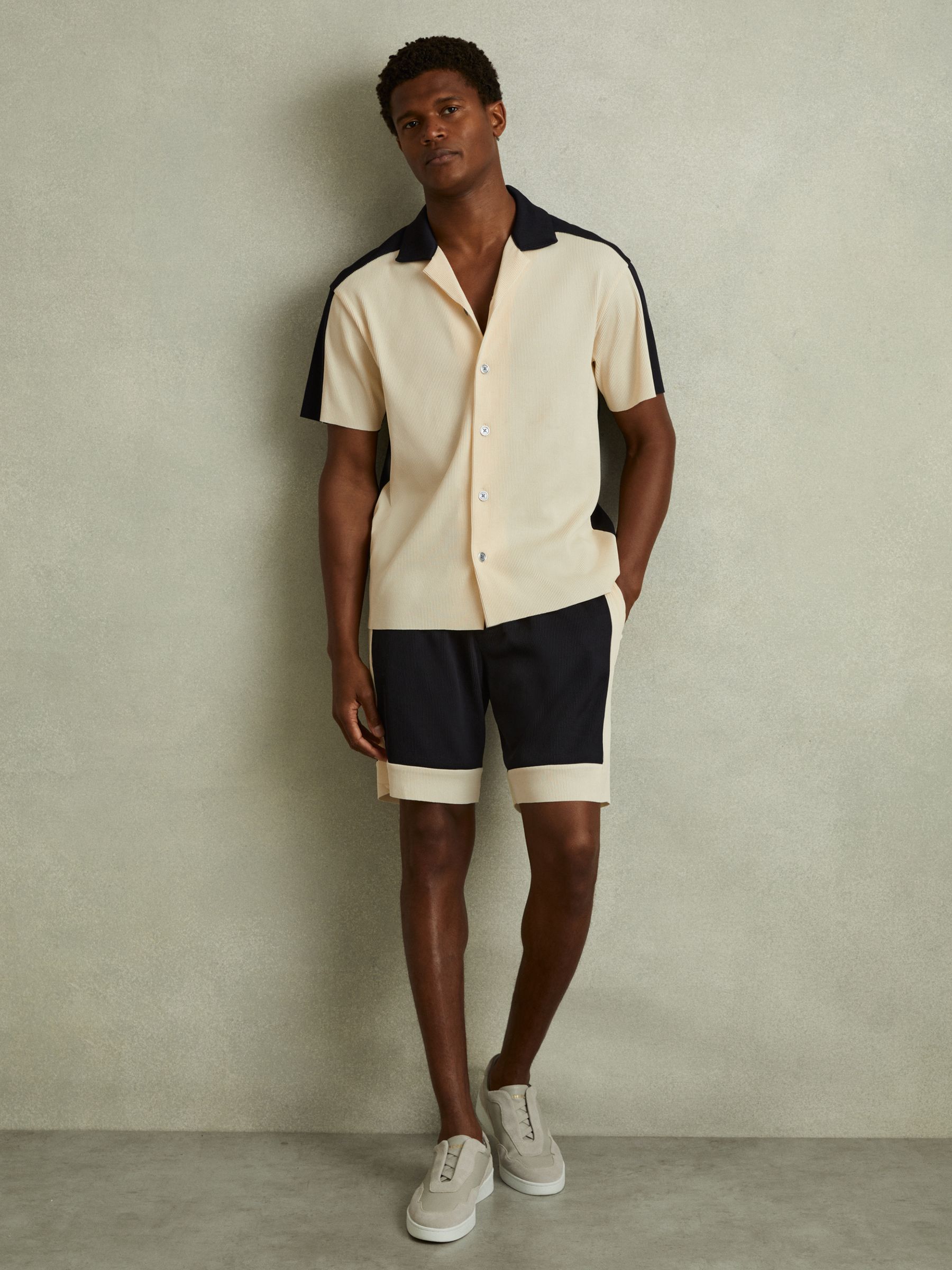 Colourblock Plisse Drawstring Shorts in Off White/Navy - Image 1 of 5 Colourblock Plisse Drawstring Shorts in Off White/Navy - Image 1 of 5