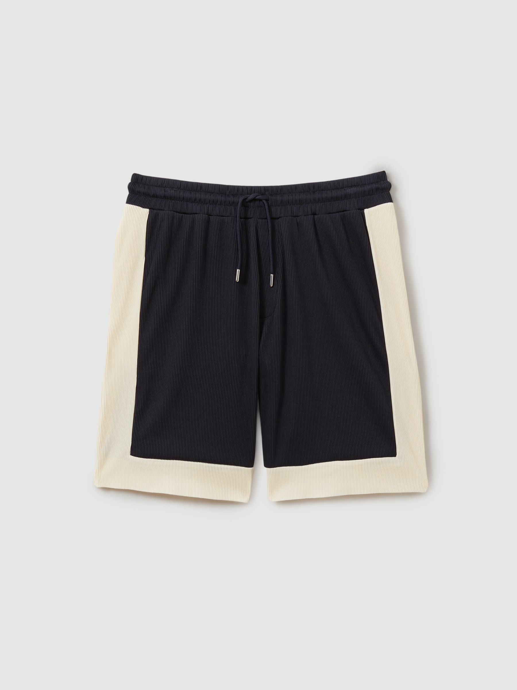 Colourblock Plisse Drawstring Shorts in Off White/Navy - Image 2 of 5 Colourblock Plisse Drawstring Shorts in Off White/Navy - Image 2 of 5