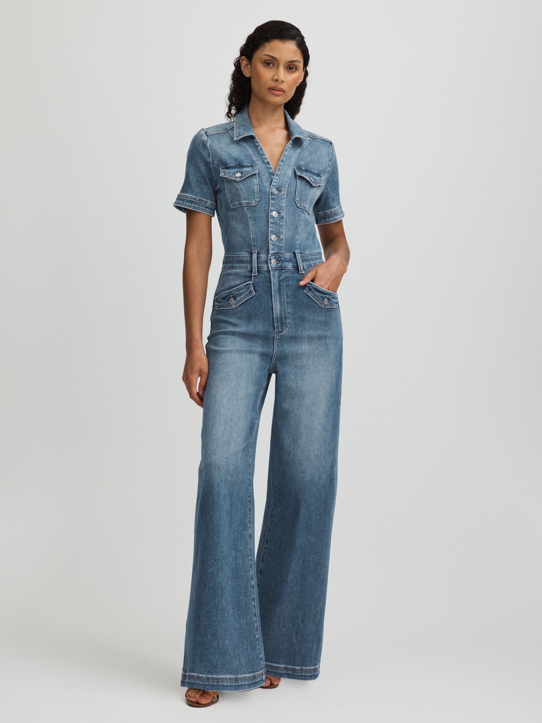 Harper Ankle Mid Blue Paige Mid Blue Wide Leg Denim Jumpsuit - Image 1 of 5