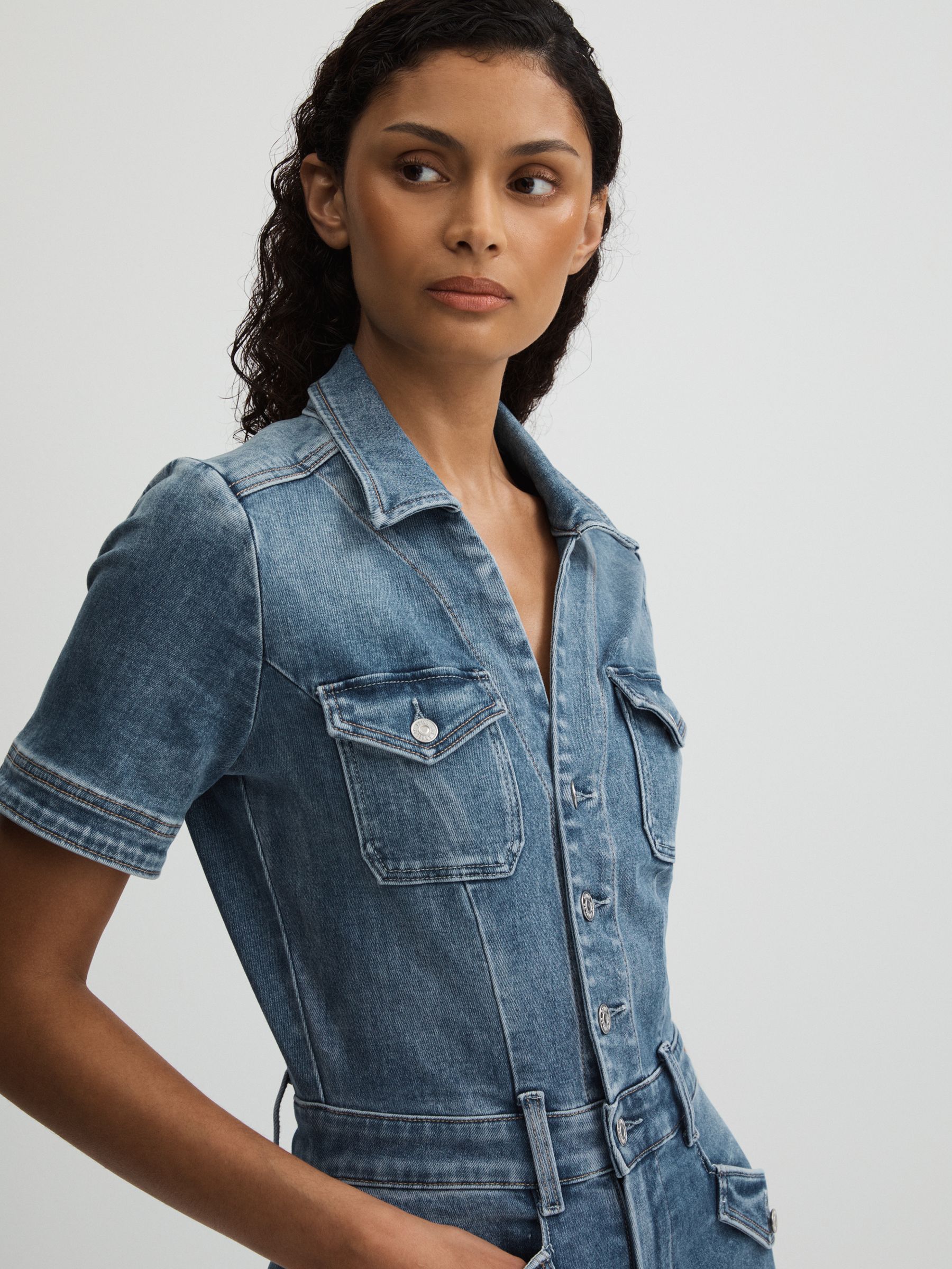 Harper Ankle Mid Blue Paige Mid Blue Wide Leg Denim Jumpsuit - Image 3 of 5