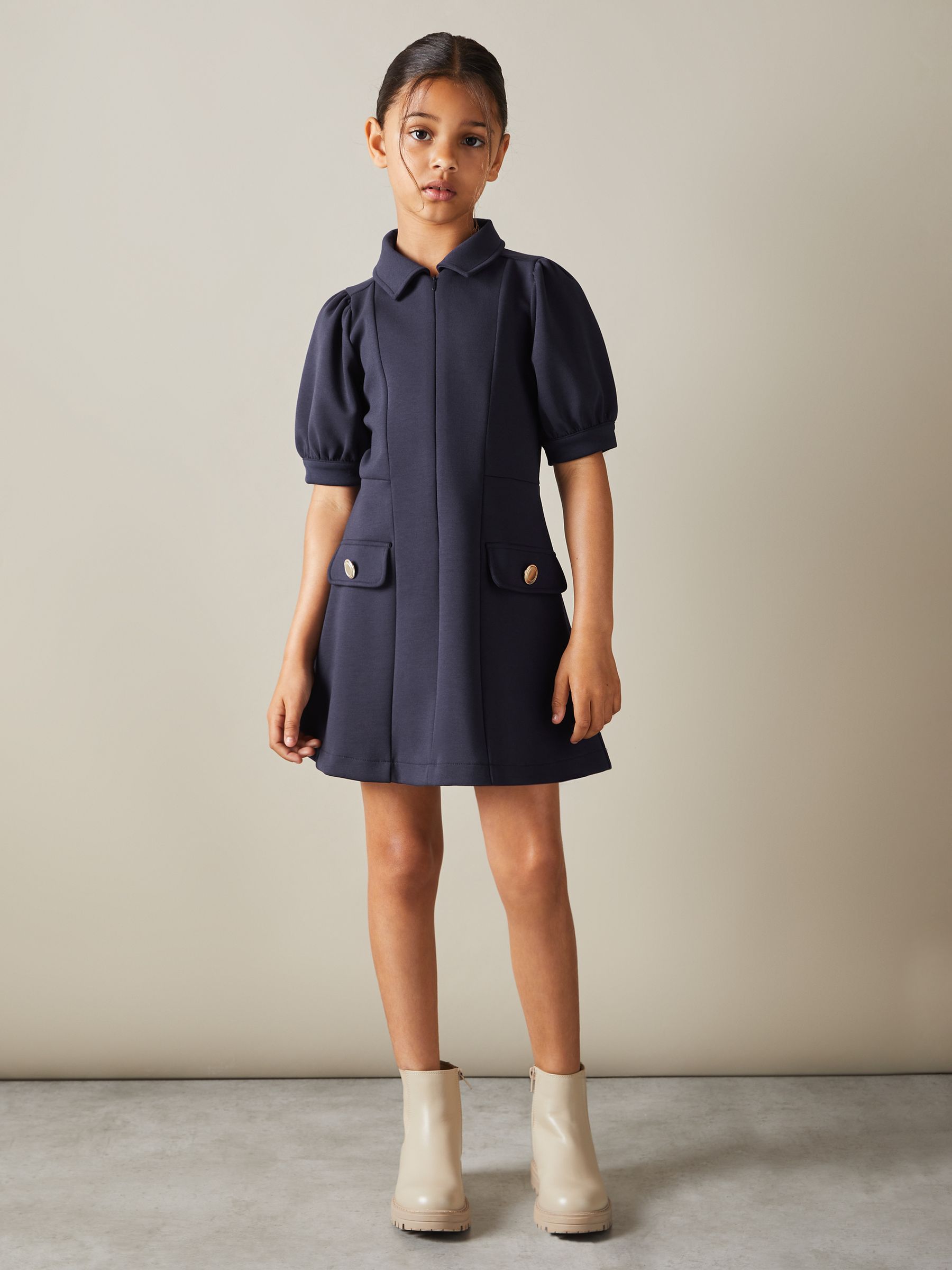 4-9 yrs Jersey Puff Sleeve Dress in Navy - Image 1 of 4