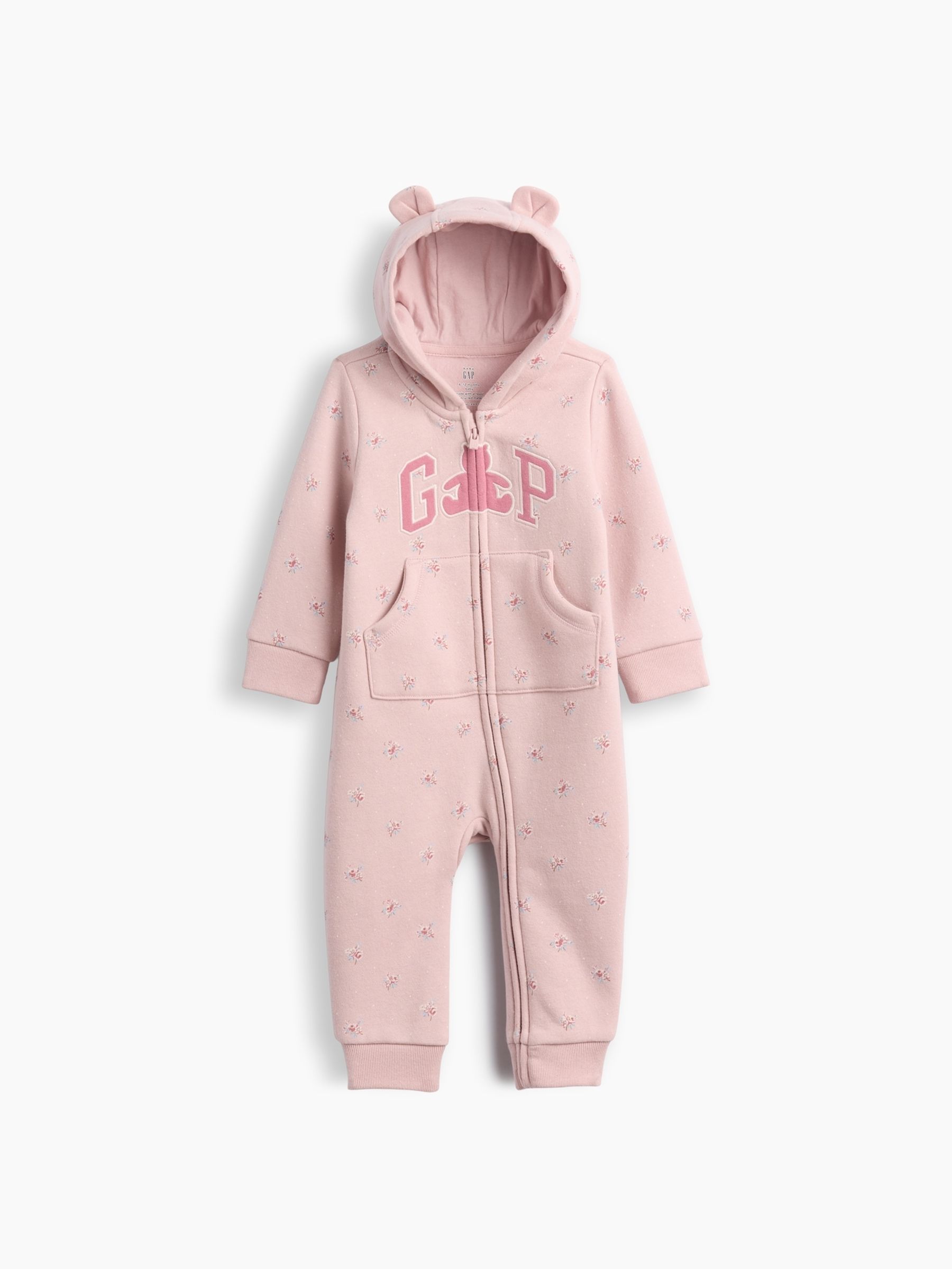 Pink Floral Vintage Soft Logo Hooded One-Piece - Image 1 of 3 Pink Floral Vintage Soft Logo Hooded One-Piece - Image 1 of 3