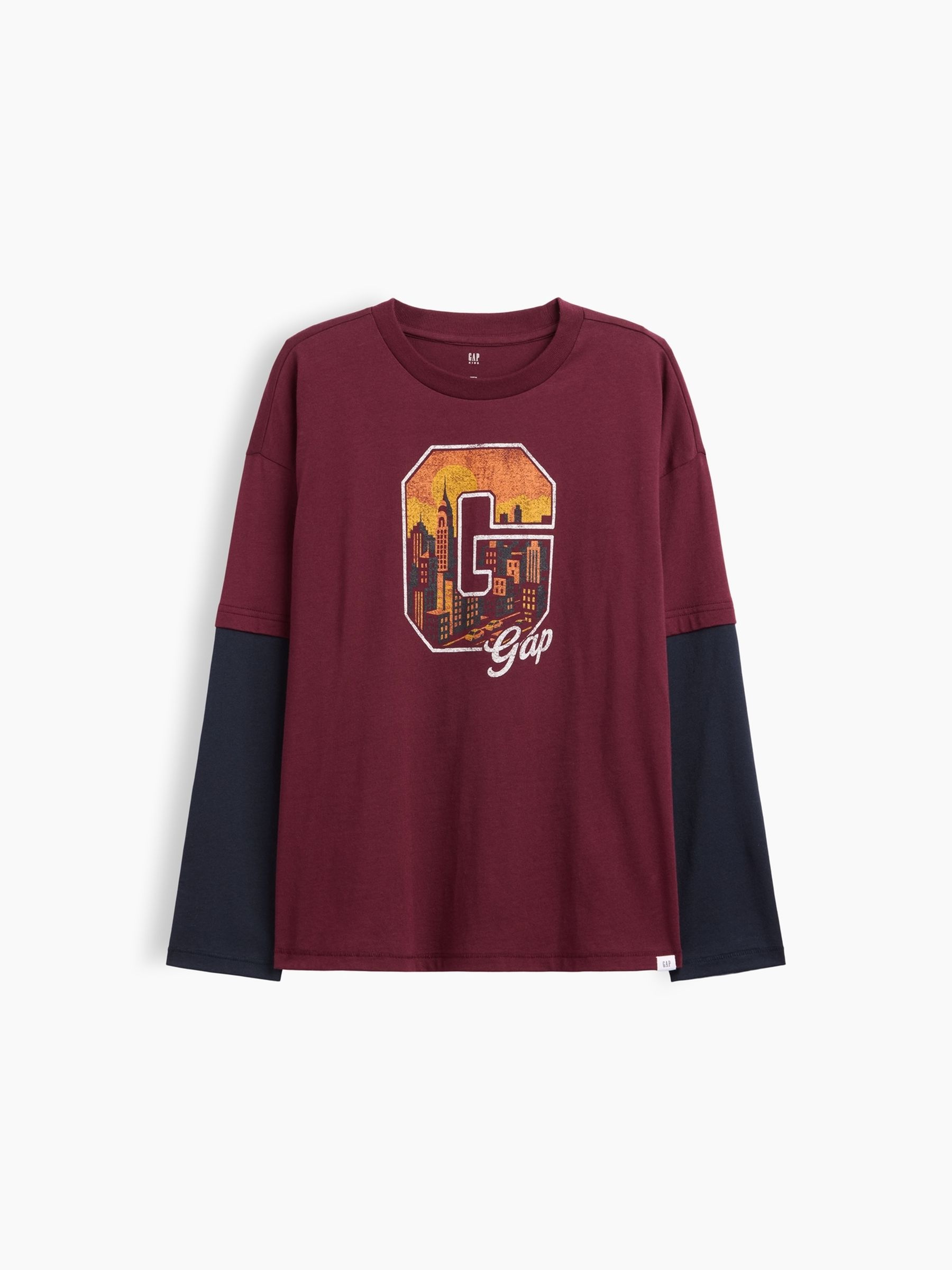 Burgundy Red Skyline Relaxed Graphic Long Sleeve T-Shirt - Image 1 of 2