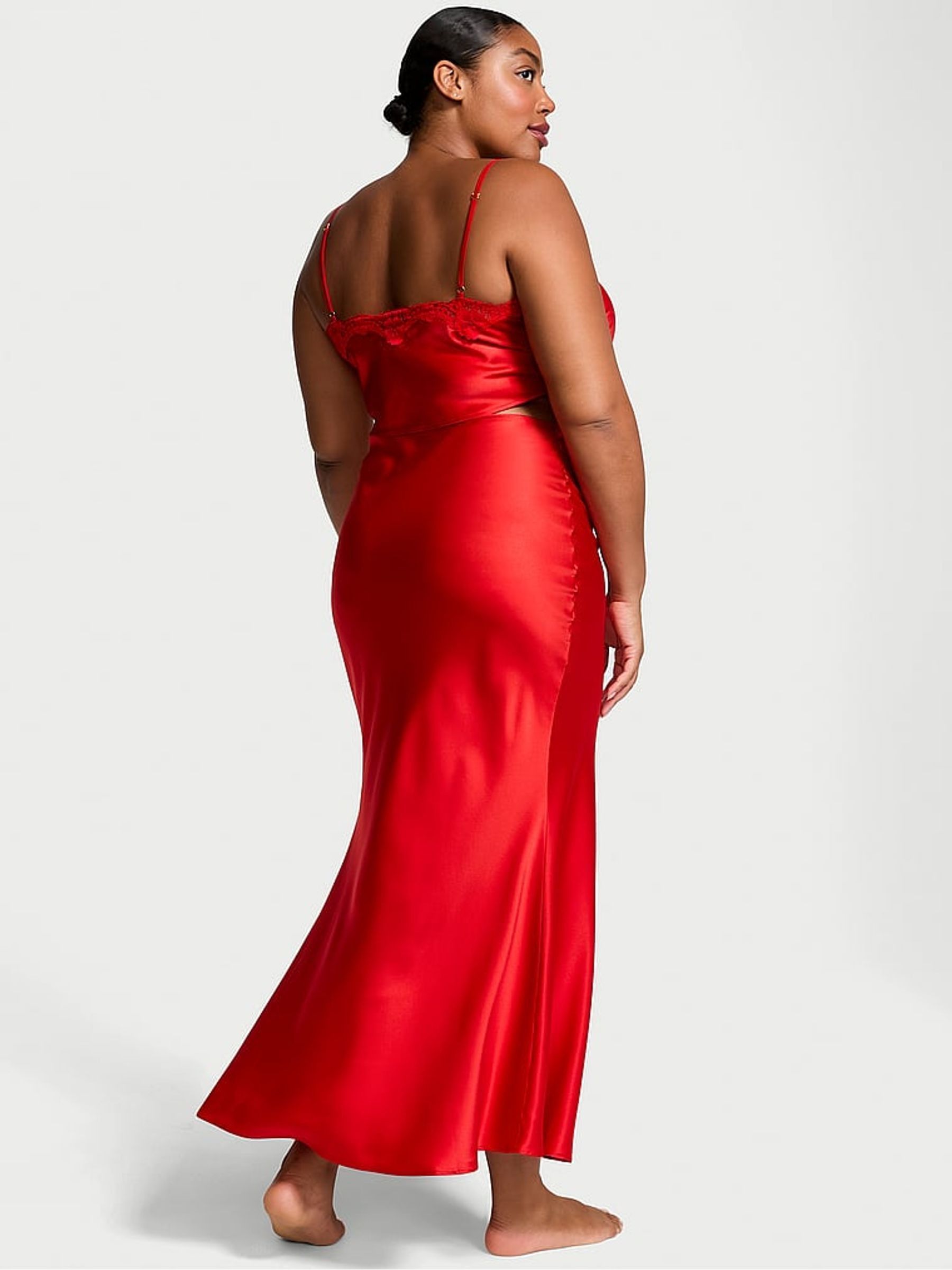 Vermillion Red Satin Lace-Trim Cropped Top & Slip Skirt Set - Image 2 of 3