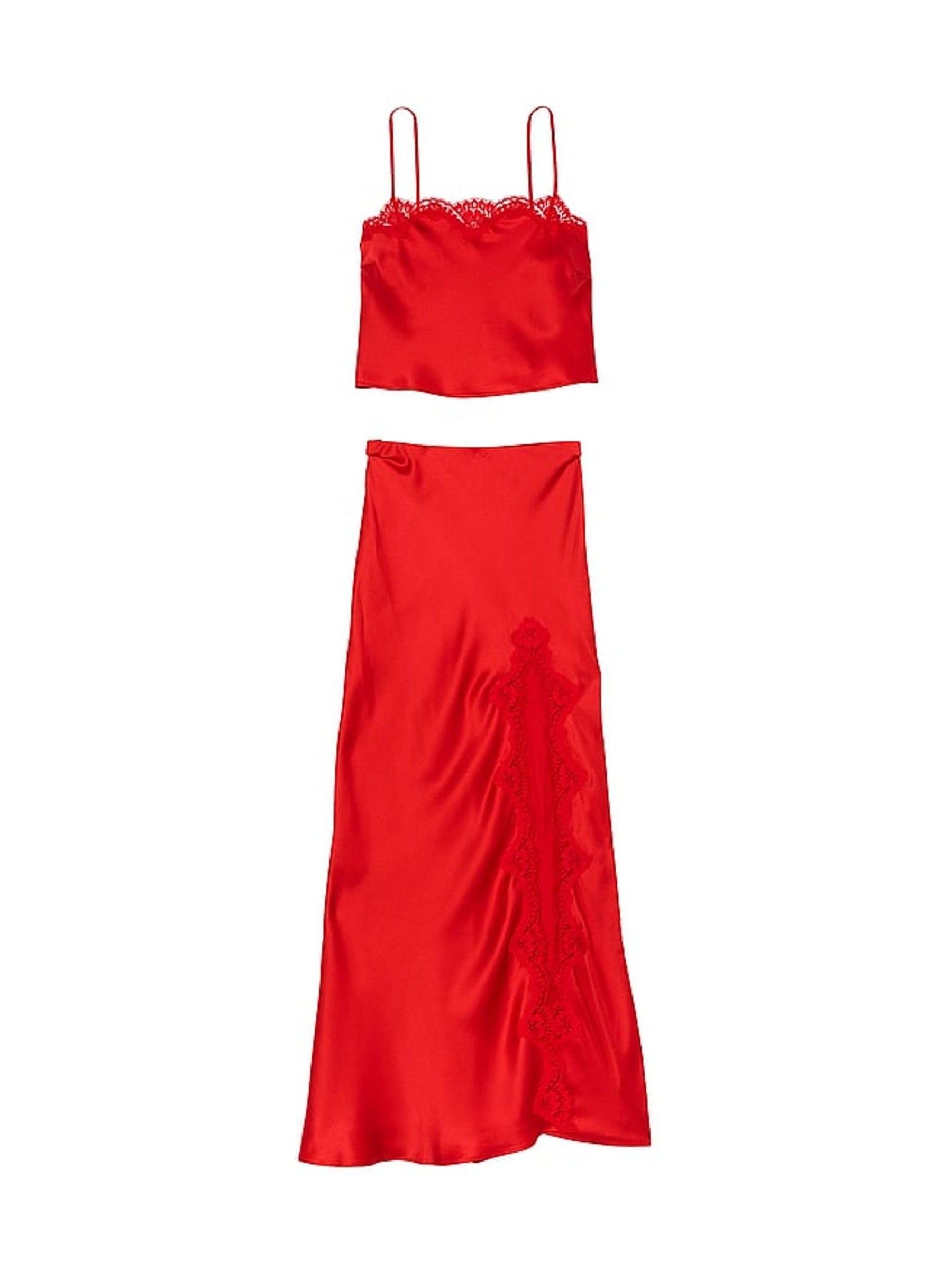 Vermillion Red Satin Lace-Trim Cropped Top & Slip Skirt Set - Image 3 of 3