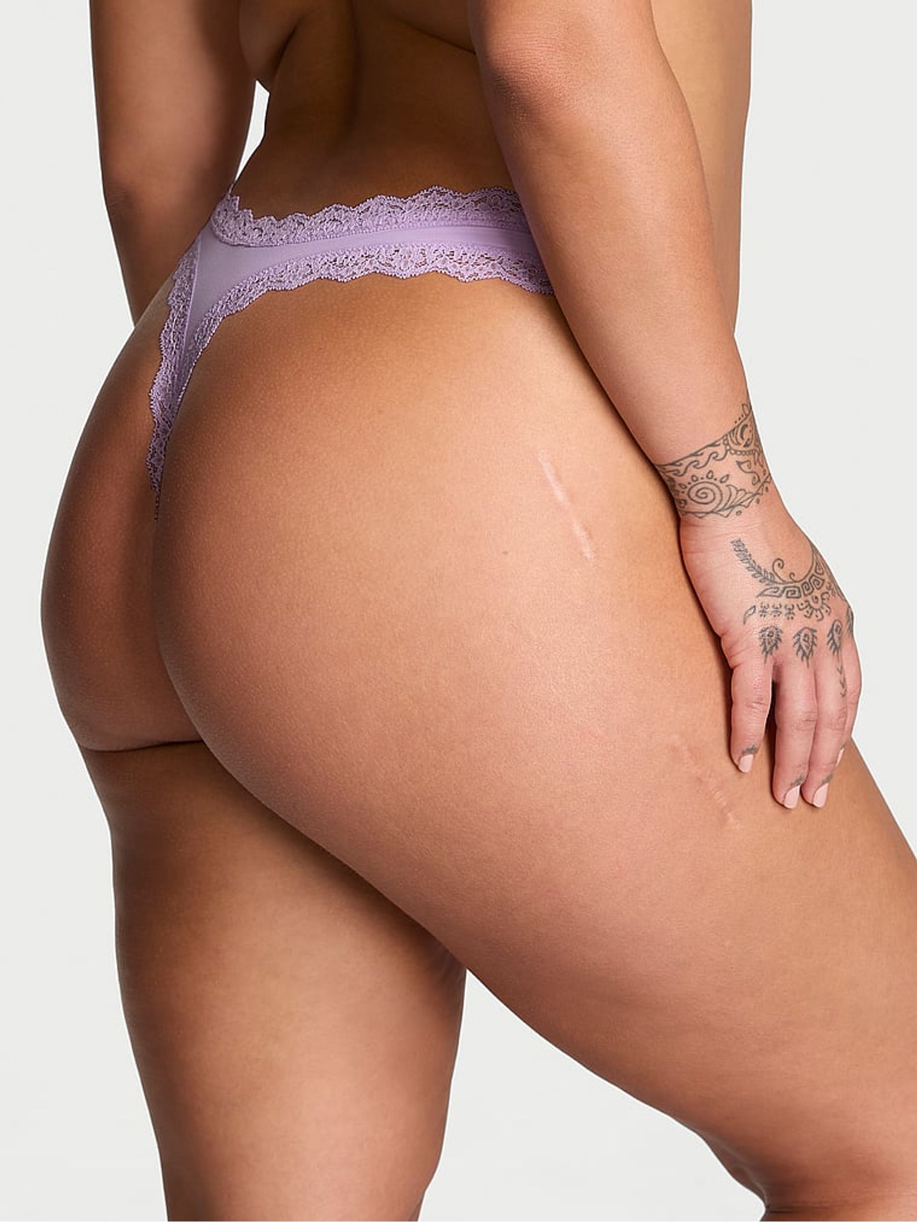Silky Lilac Purple Lace Trim Thong Knickers - Image 2 of 3