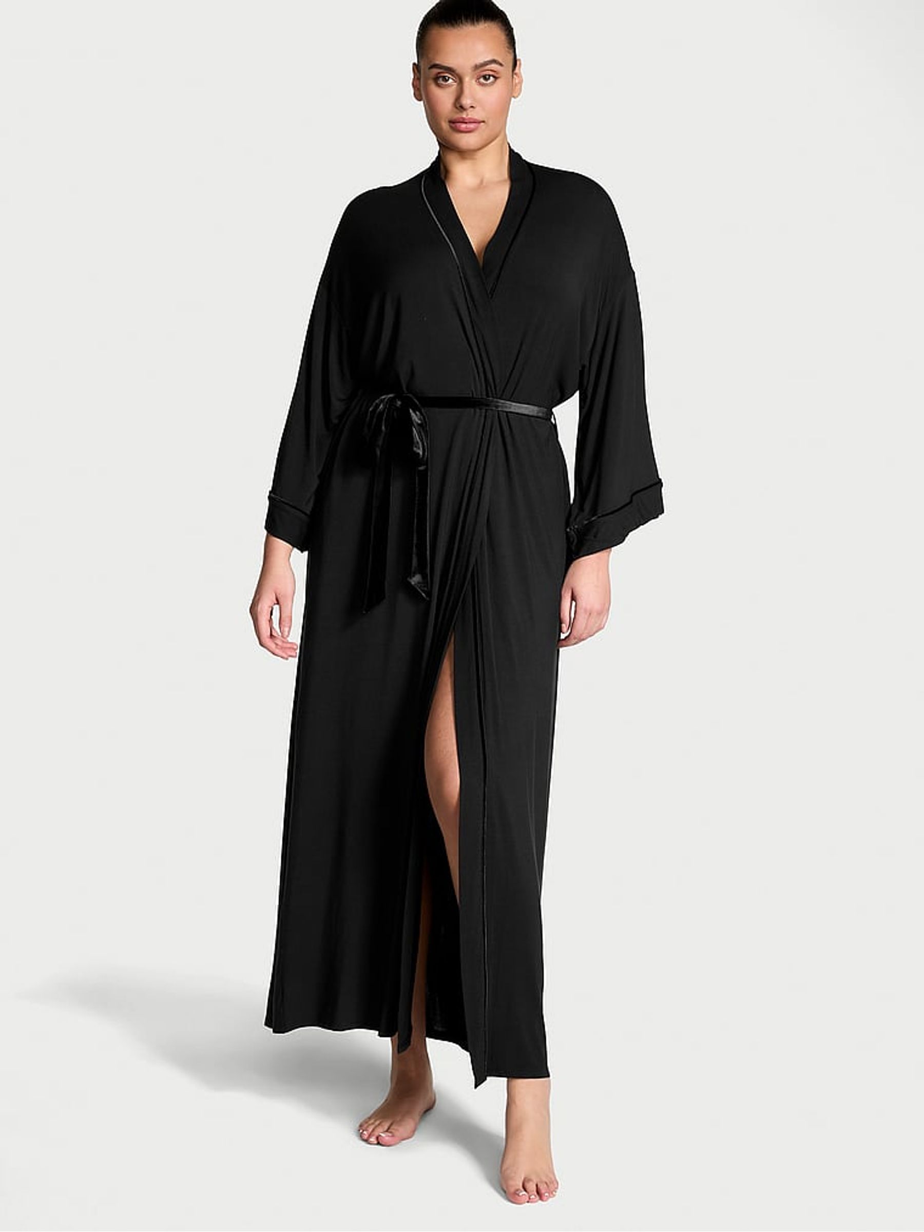 Black Modal Soft Velvet Trim Maxi Robe - Image 1 of 3