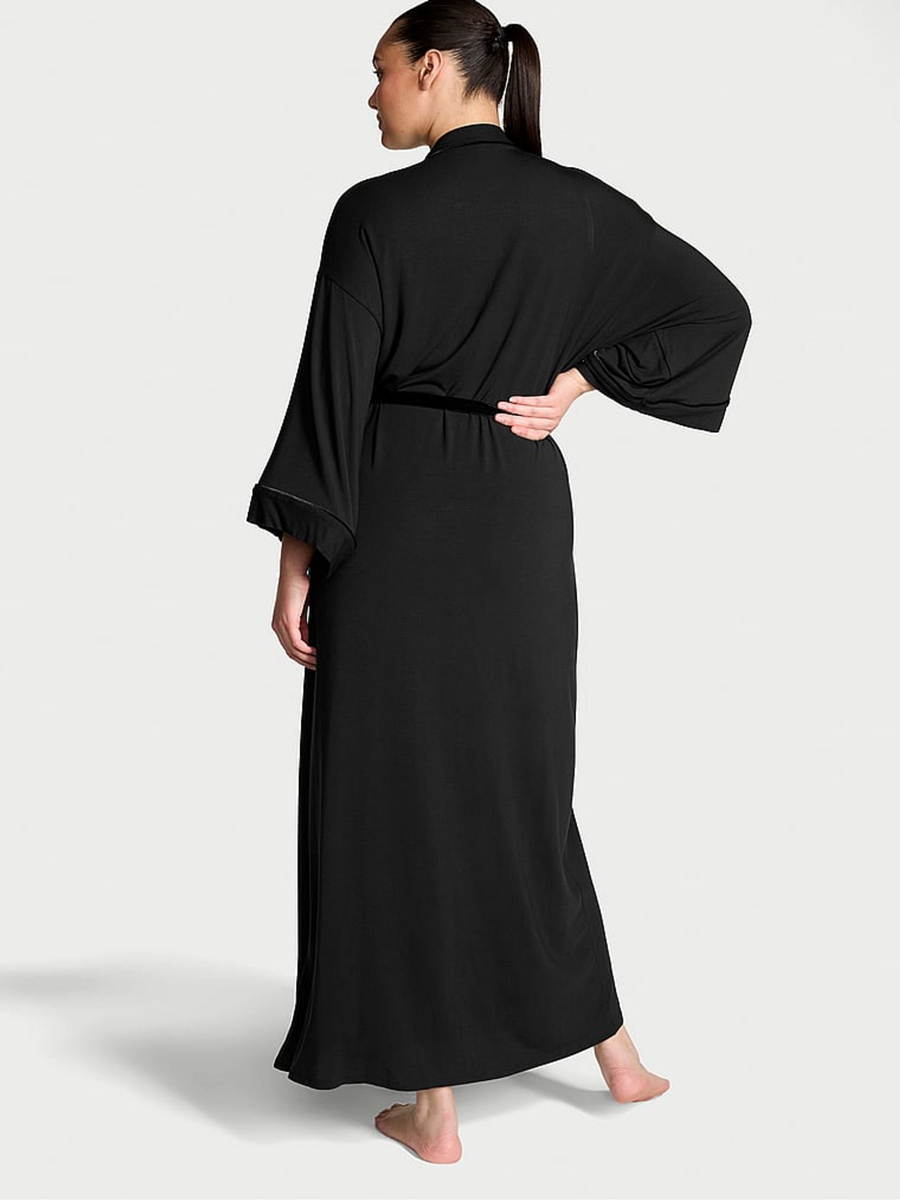 Black Modal Soft Velvet Trim Maxi Robe - Image 2 of 3