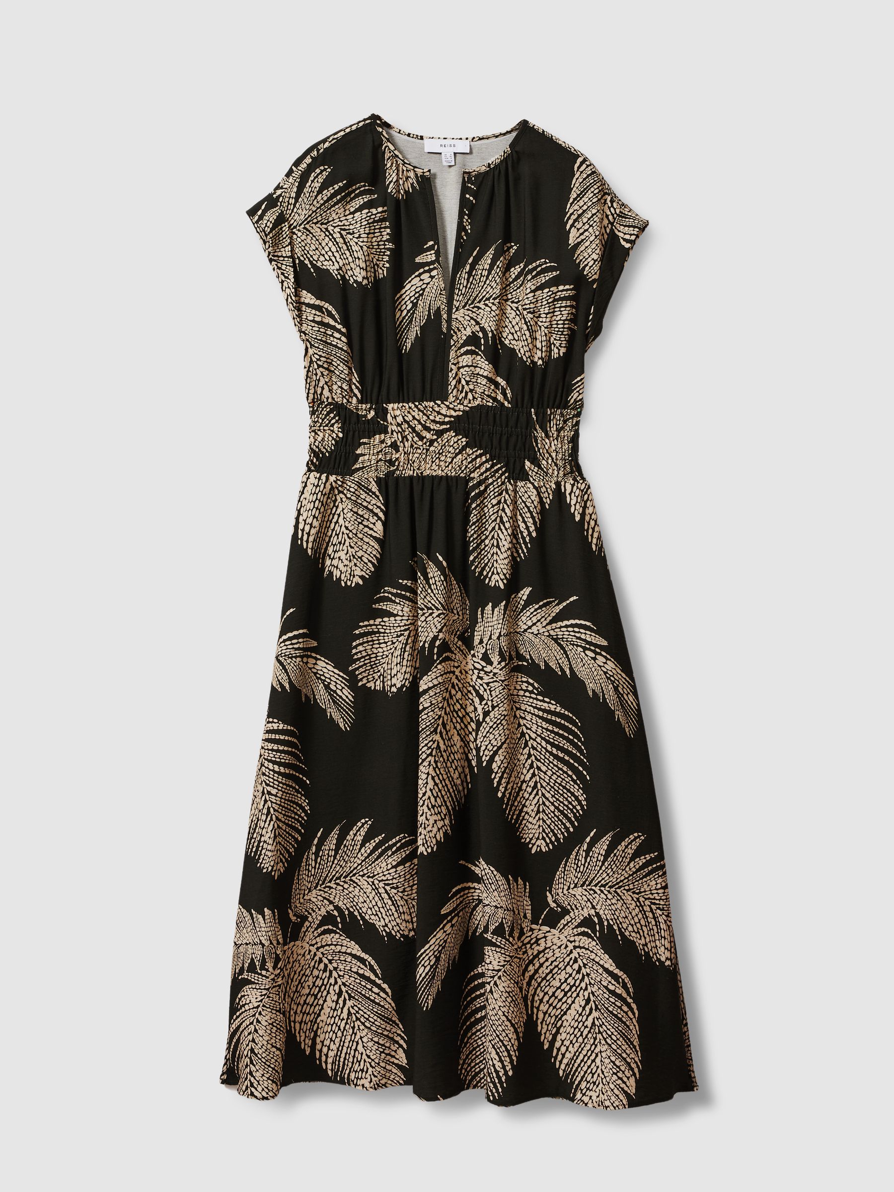 Tropical Print Elasticated Waist Midi Dress in Khaki - Image 2 of 5