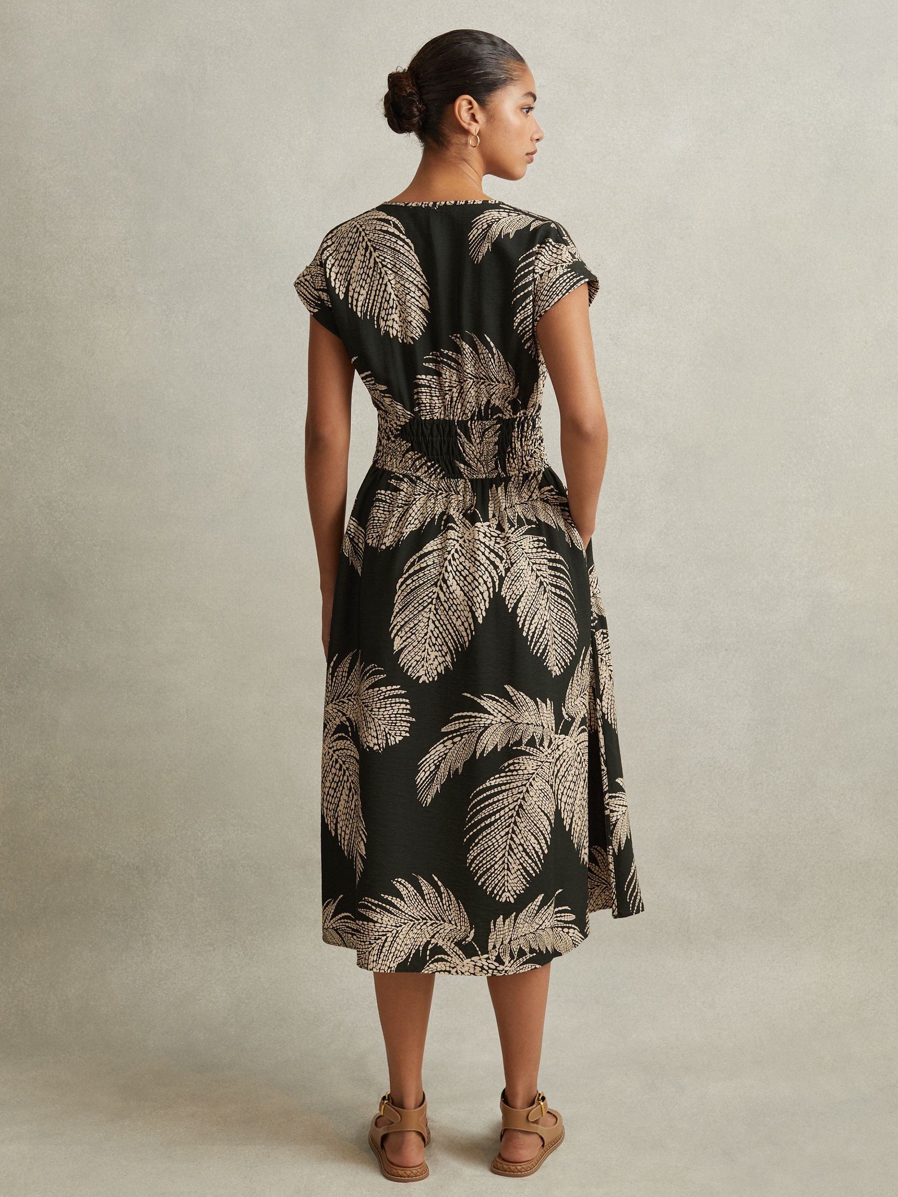 Tropical Print Elasticated Waist Midi Dress in Khaki - Image 4 of 5