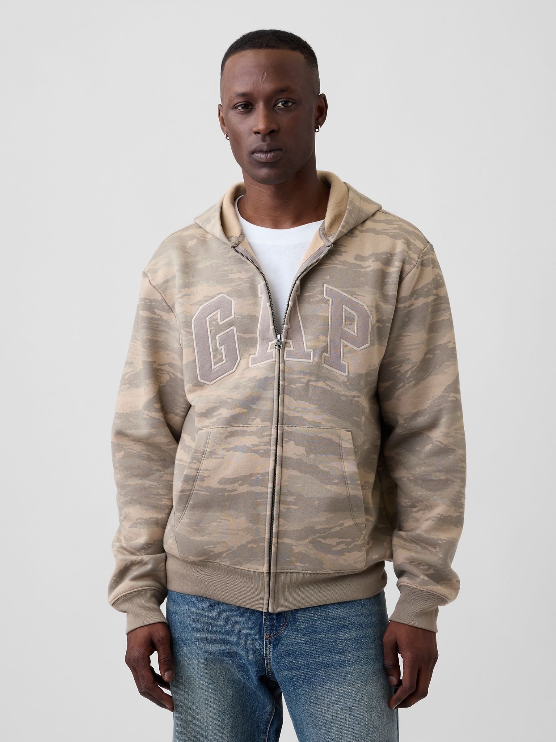 Brown Camo Relaxed Gap Logo Zip Hoodie - Image 1 of 3 Brown Camo Relaxed Gap Logo Zip Hoodie - Image 1 of 3
