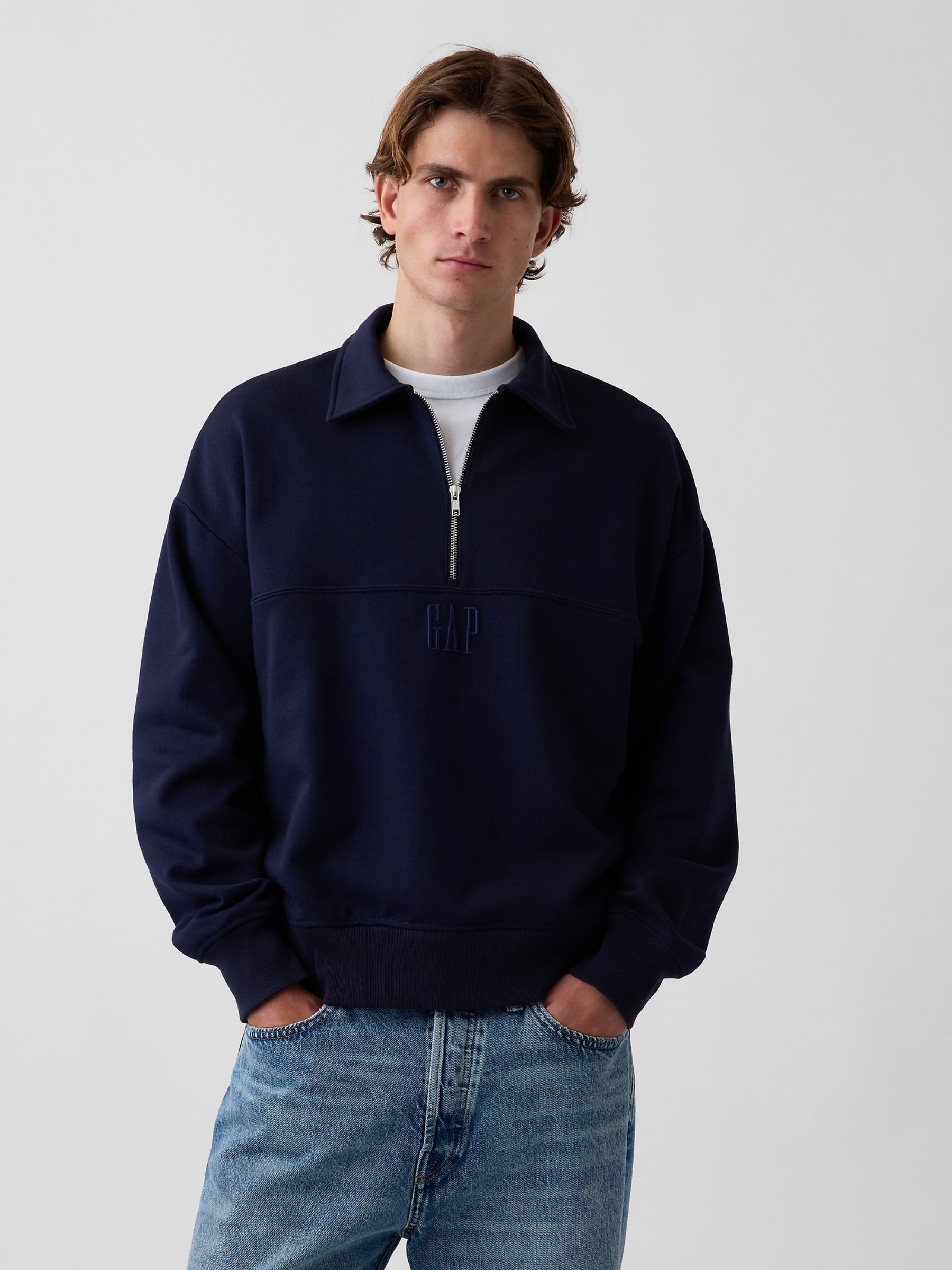 Navy Heavyweight Oversized Logo Half-Zip Pullover Sweatshirt - Image 1 of 4