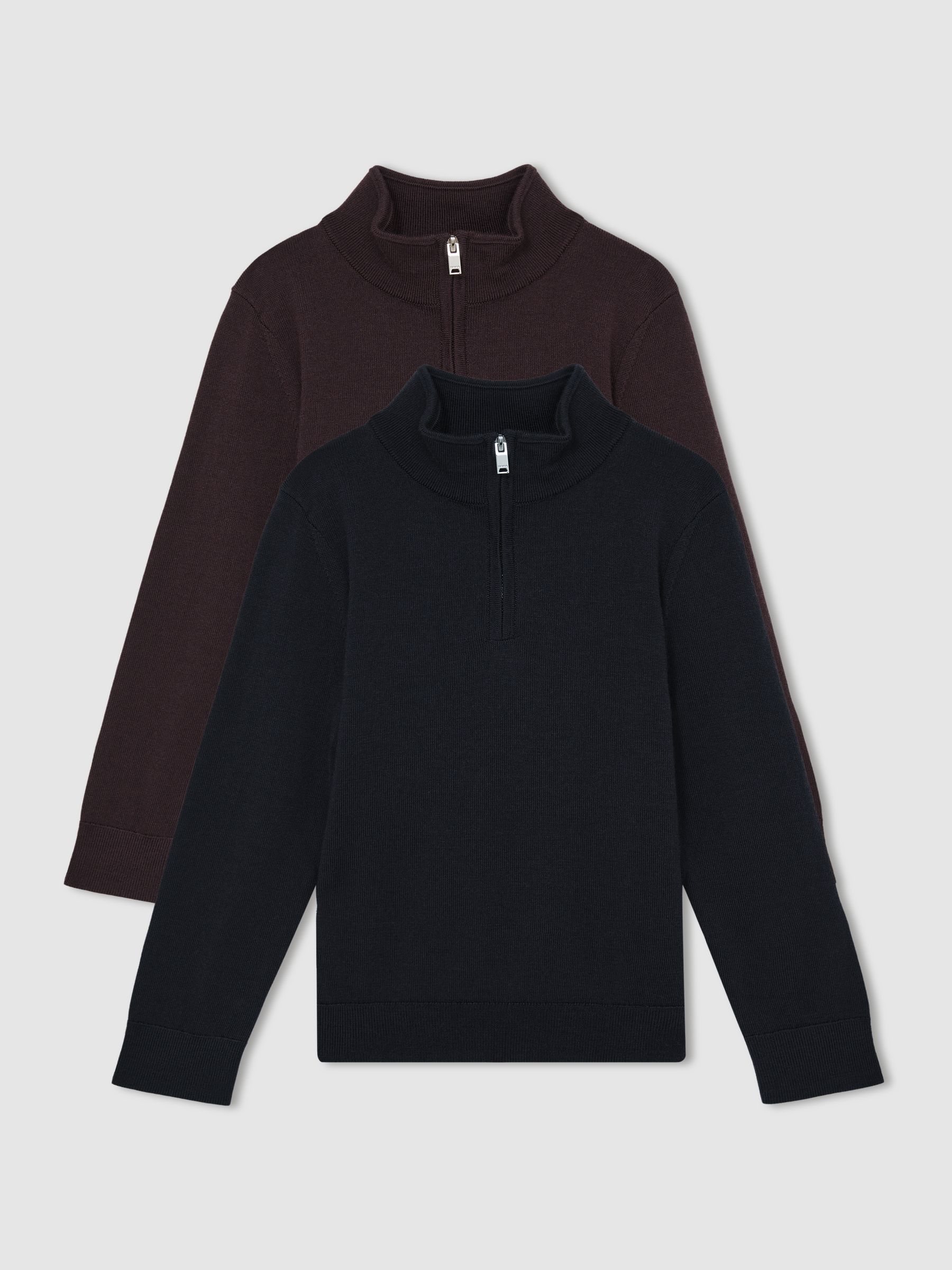3-9 yrs Two Pack Of Merino Wool Zip-Neck Jumpers in Navy/Dark Bordeaux - Image 2 of 5