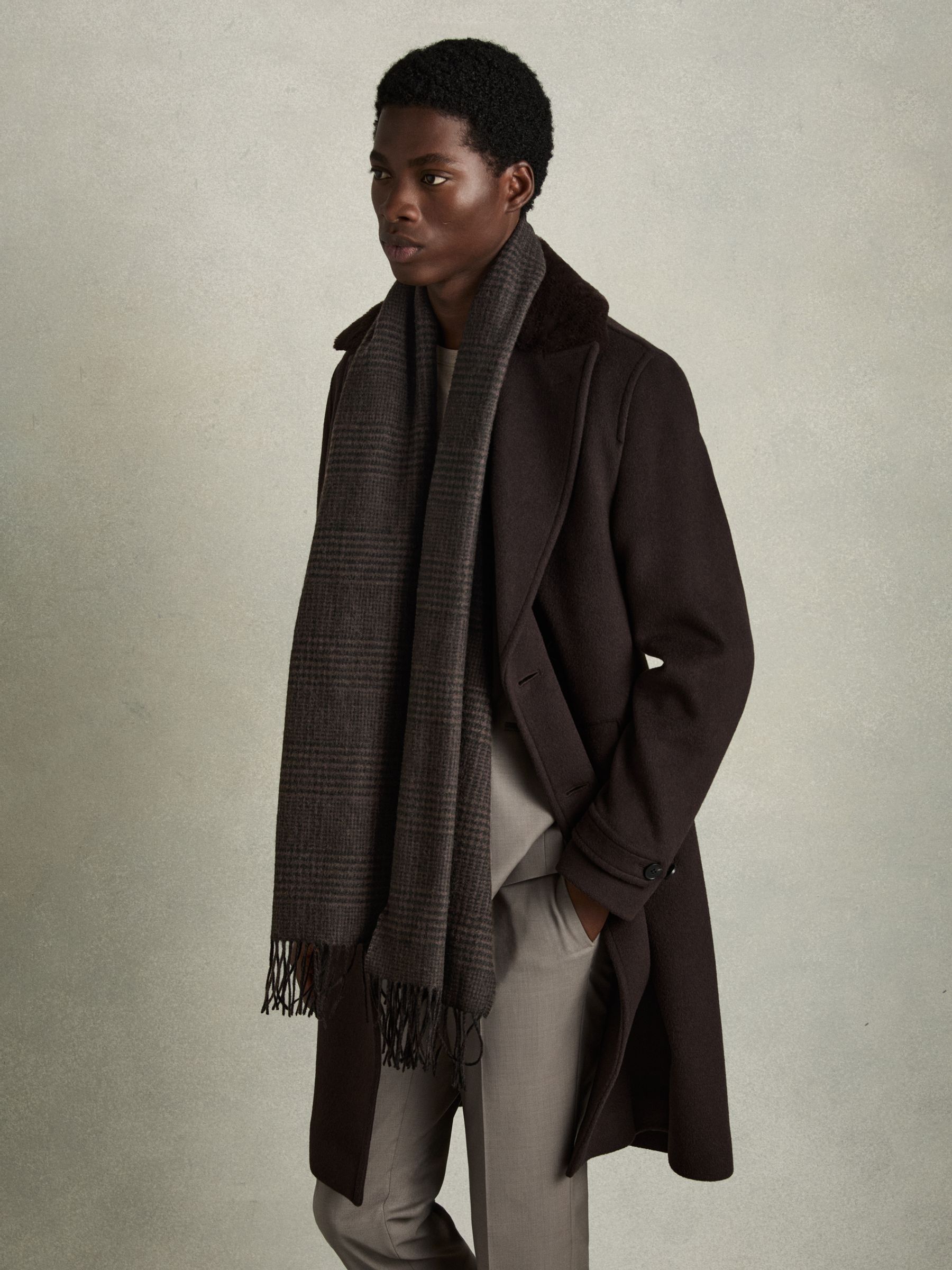Wool and Cashmere Prince of Wales Check Scarf in Brown/Black - Image 2 of 4