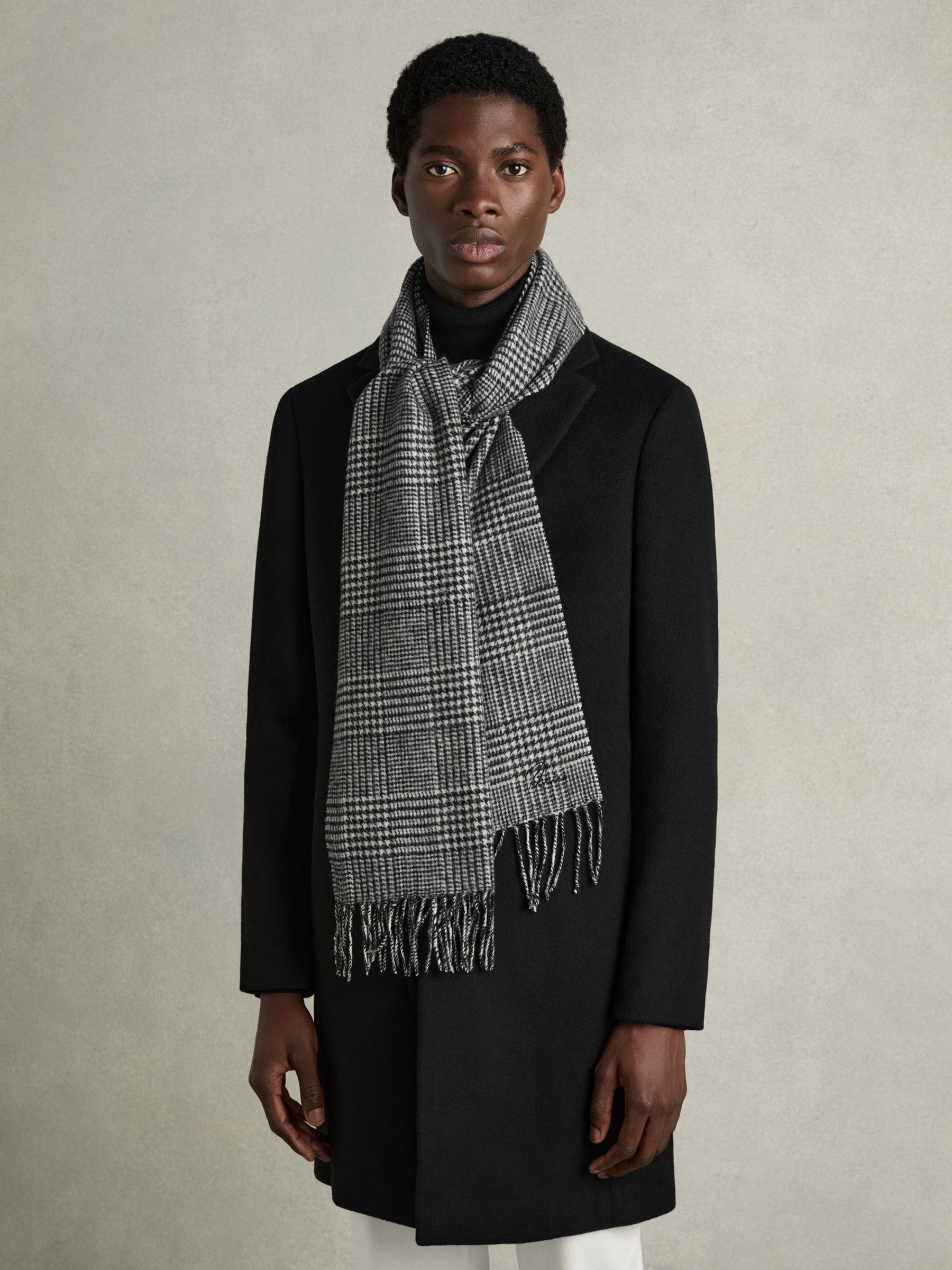 Wool and Cashmere Prince of Wales Check Scarf in Black/White - Image 2 of 4