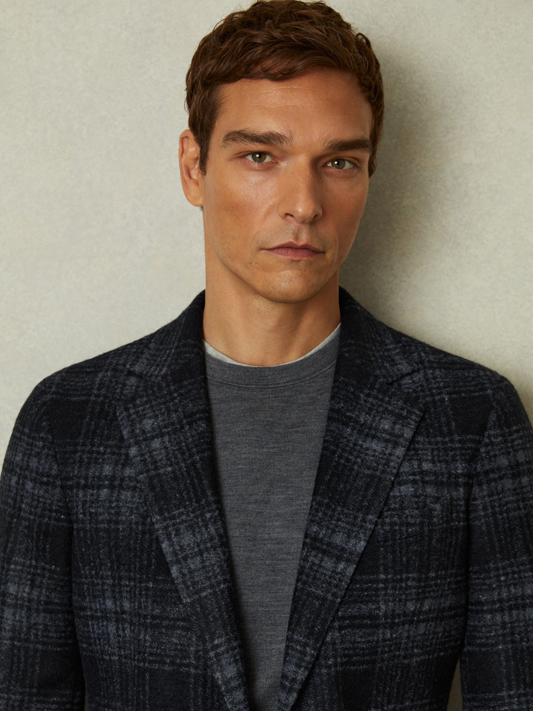 Single Breasted Checked Blazer with Wool in Navy - Image 3 of 6