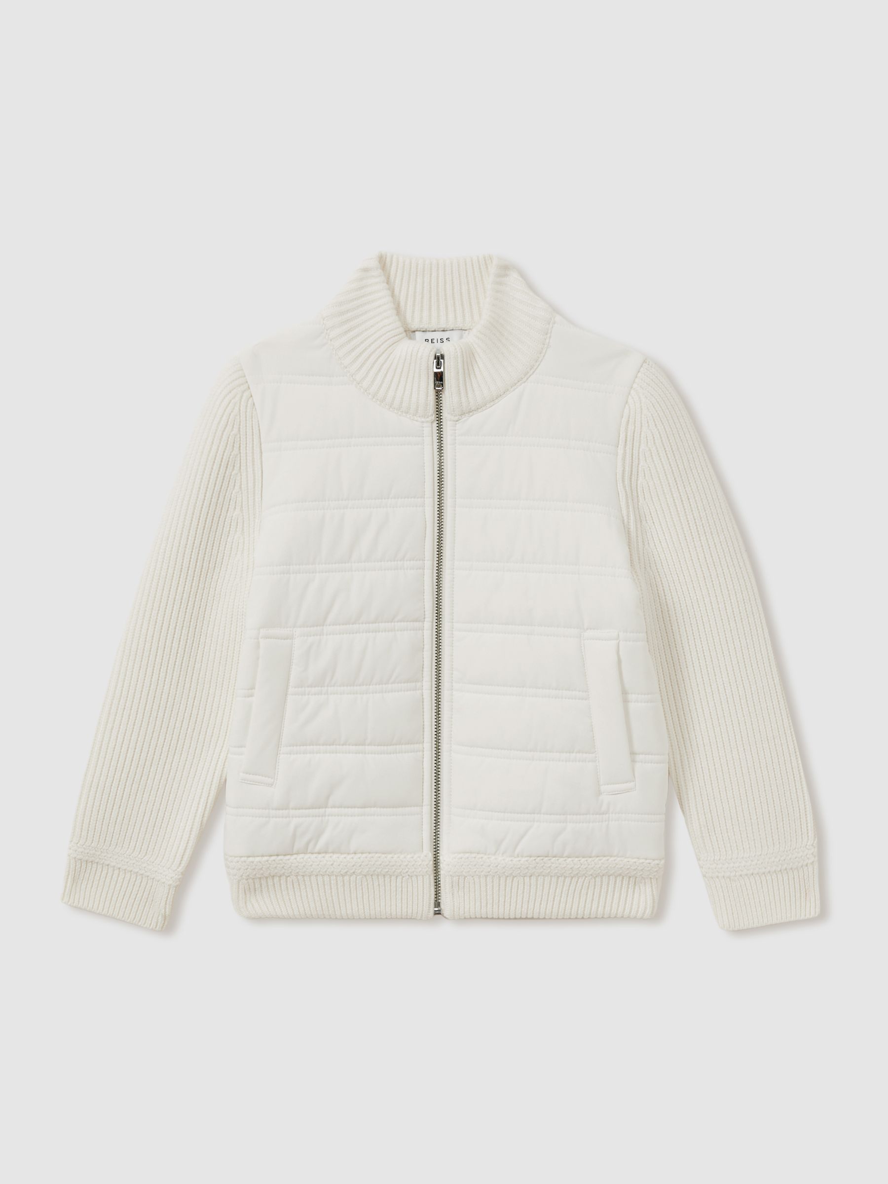Hybrid Quilt and Knit Zip-Through Jacket in Off White - Image 2 of 4