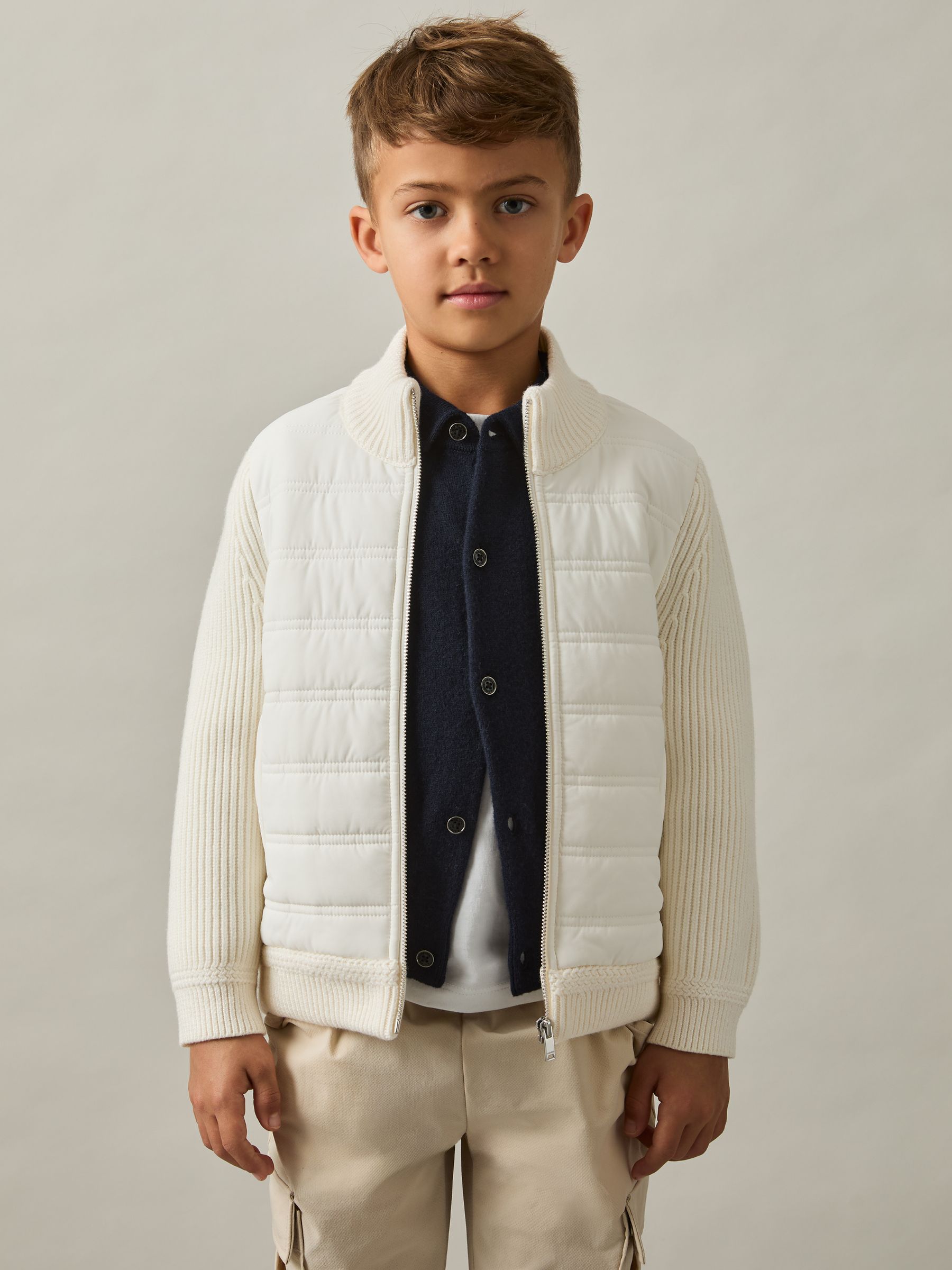 Hybrid Quilt and Knit Zip-Through Jacket in Off White - Image 3 of 4