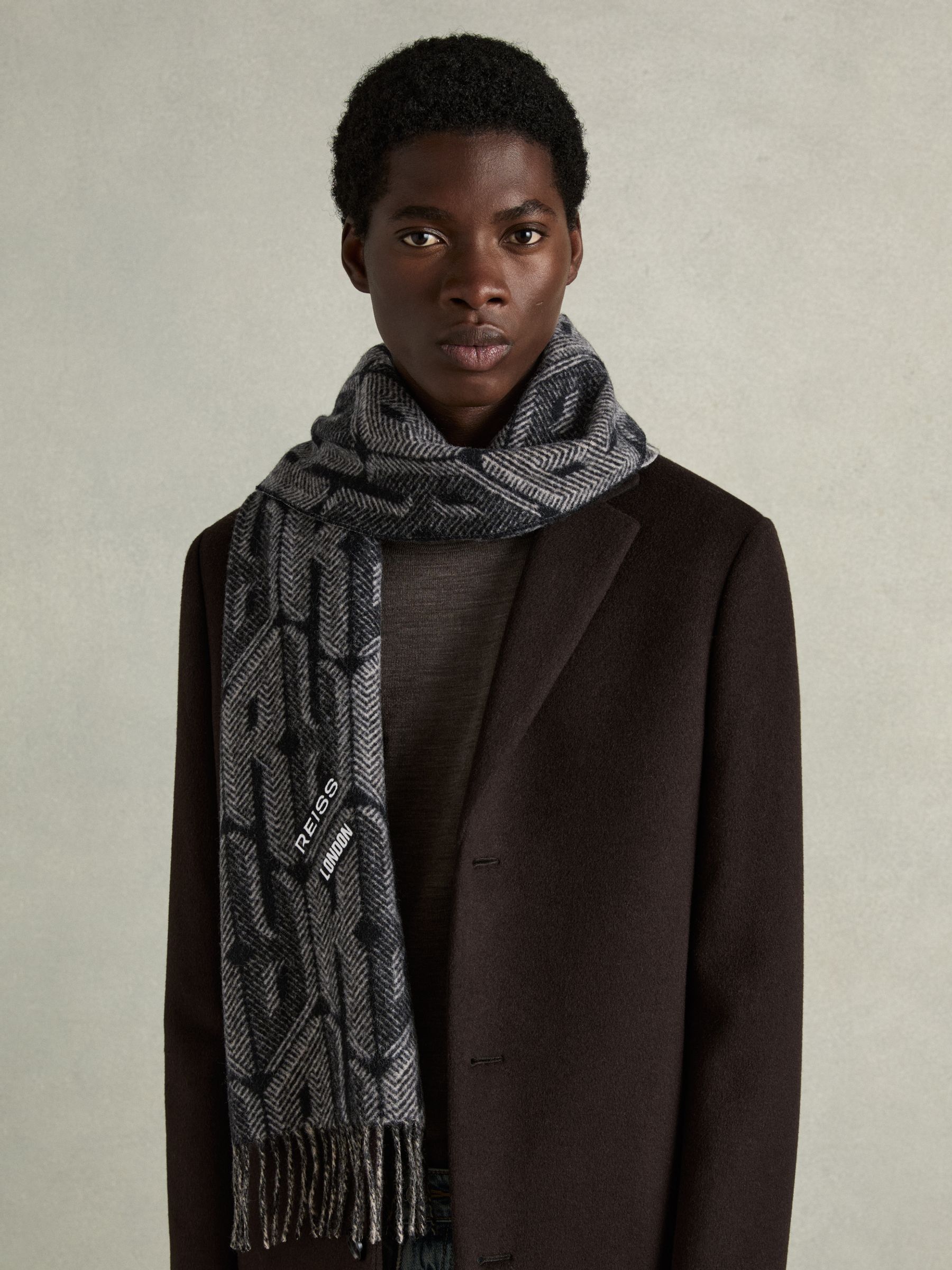 Wool and Cashmere Jacquard Scarf in Black/Grey - Image 2 of 5