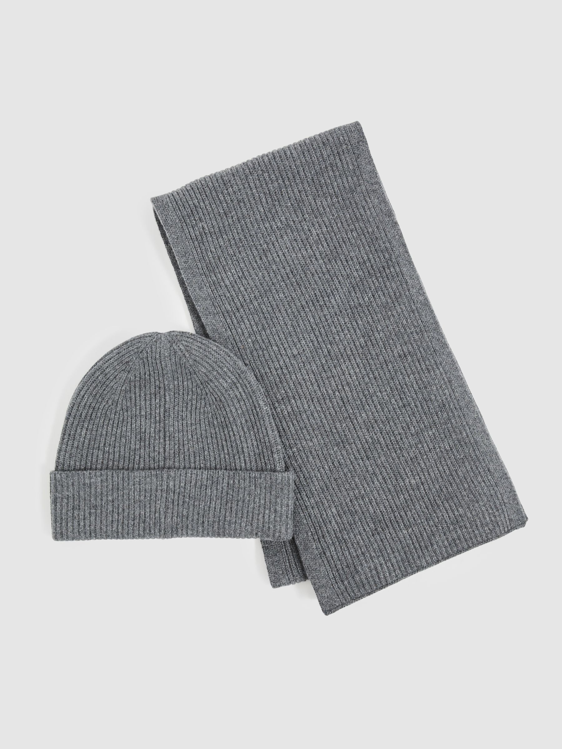 Merino Wool Ribbed Scarf And Beanie Set in Mid Grey Melange - Image 1 of 7