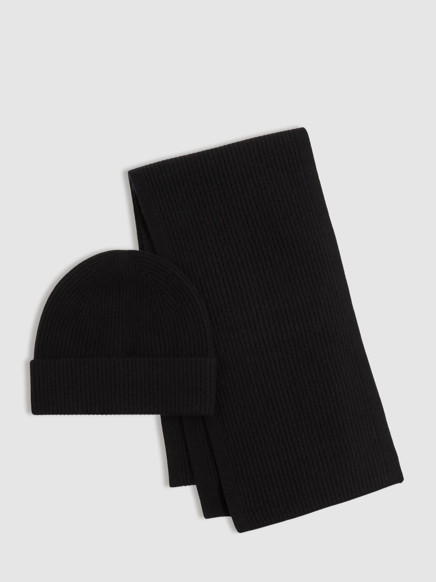 Merino Wool Ribbed Scarf And Beanie Set in Black - Image 1 of 6