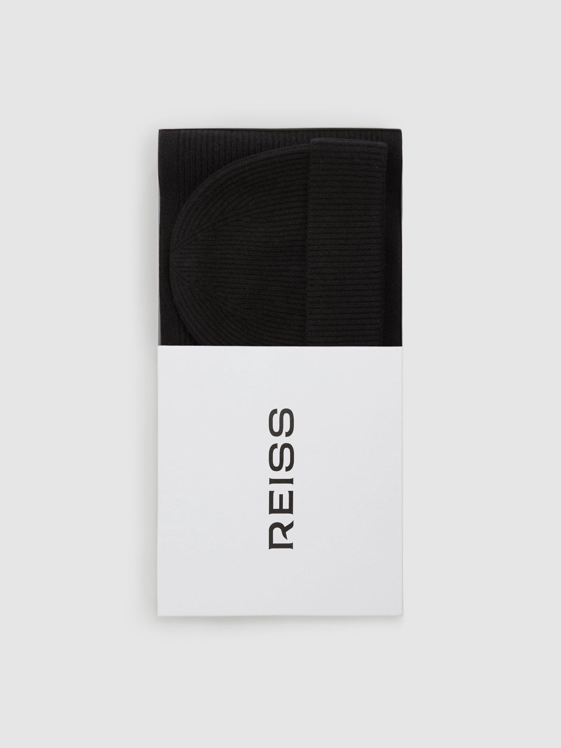 Merino Wool Ribbed Scarf And Beanie Set in Black - Image 3 of 6