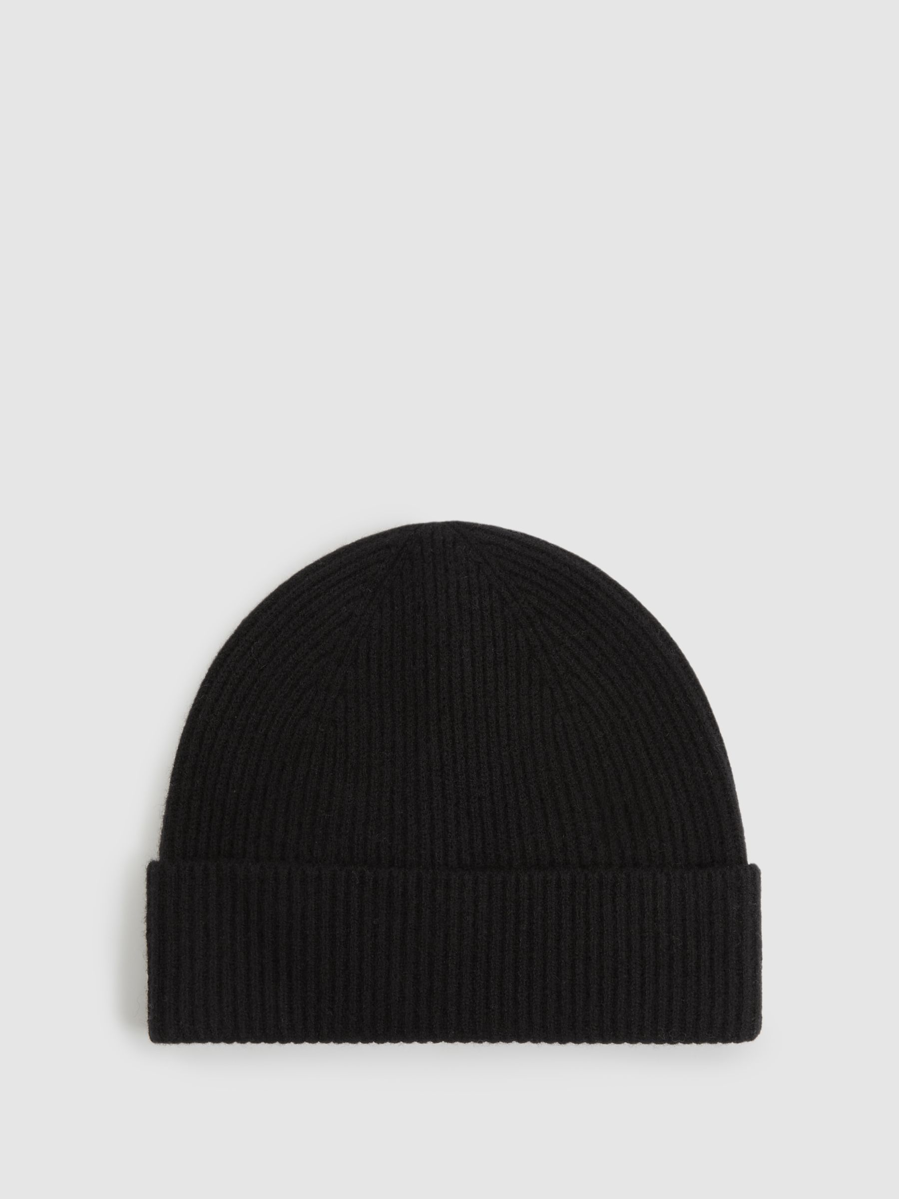 Merino Wool Ribbed Beanie Hat in Black - Image 1 of 4