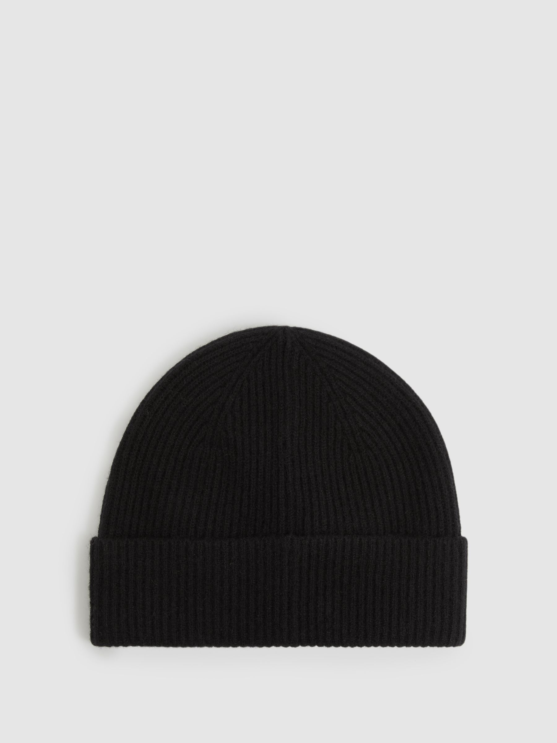 Merino Wool Ribbed Beanie Hat in Black - Image 4 of 4