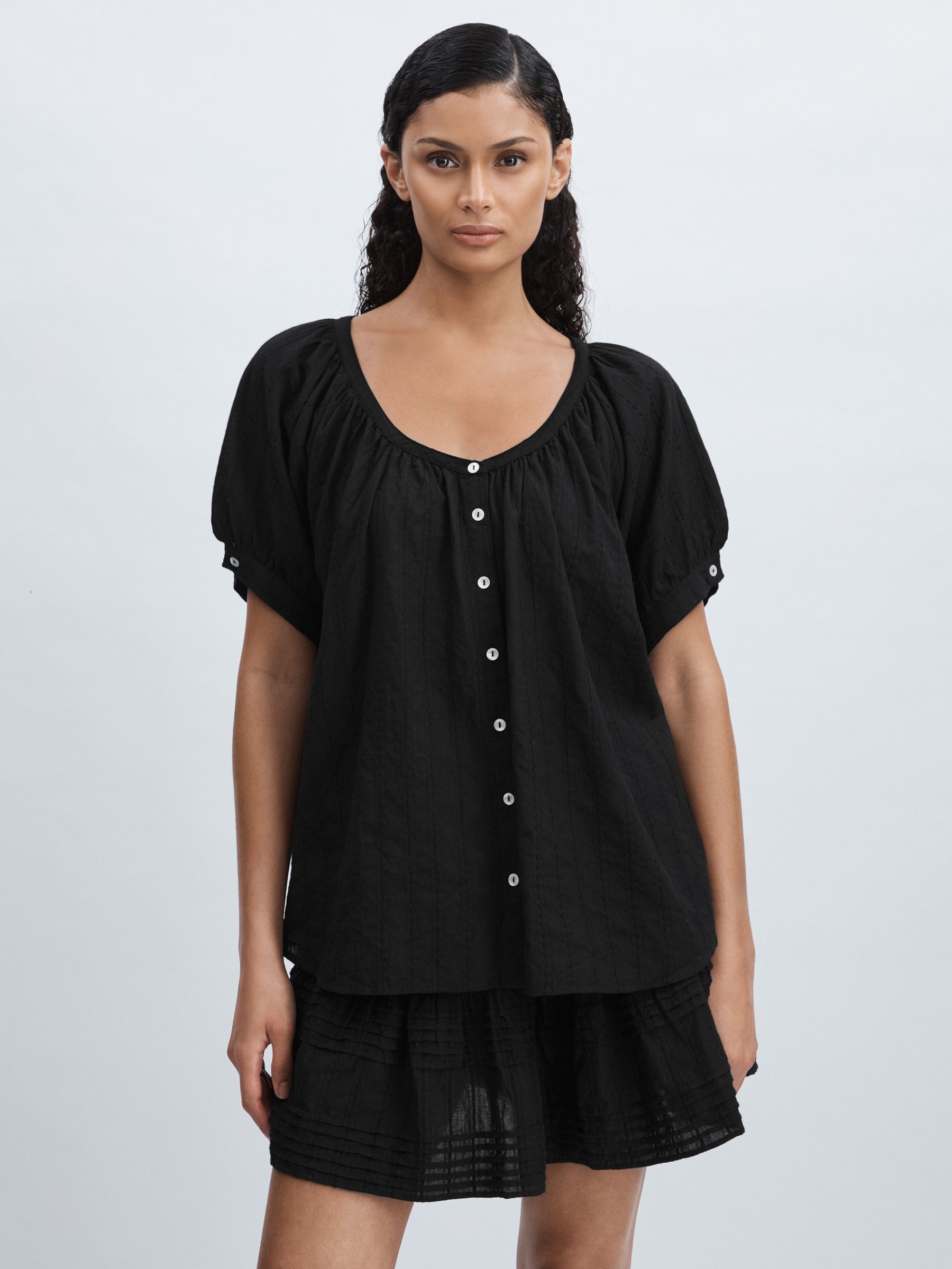 Mille Puff-Sleeve Button-Through Top in Black - Image 1 of 5