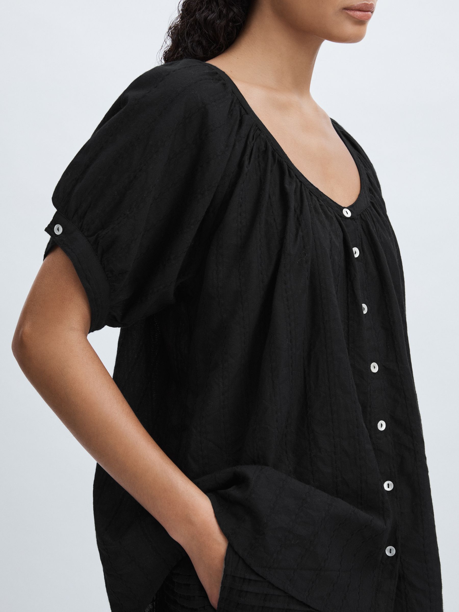 Mille Puff-Sleeve Button-Through Top in Black - Image 3 of 5