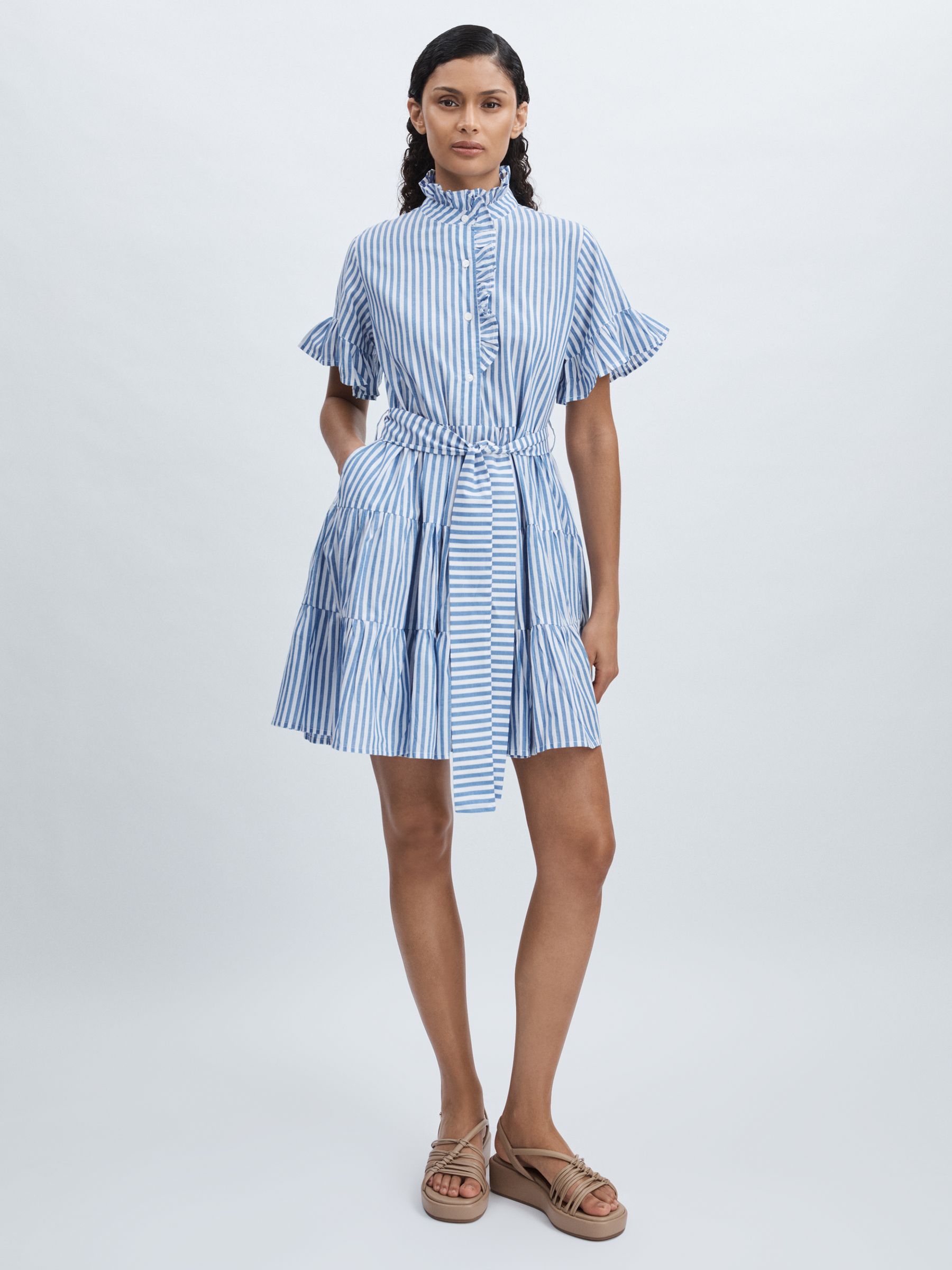 Mille 100% Cotton Striped Tiered Mini Dress in Blue Stripe - Image 1 of 6