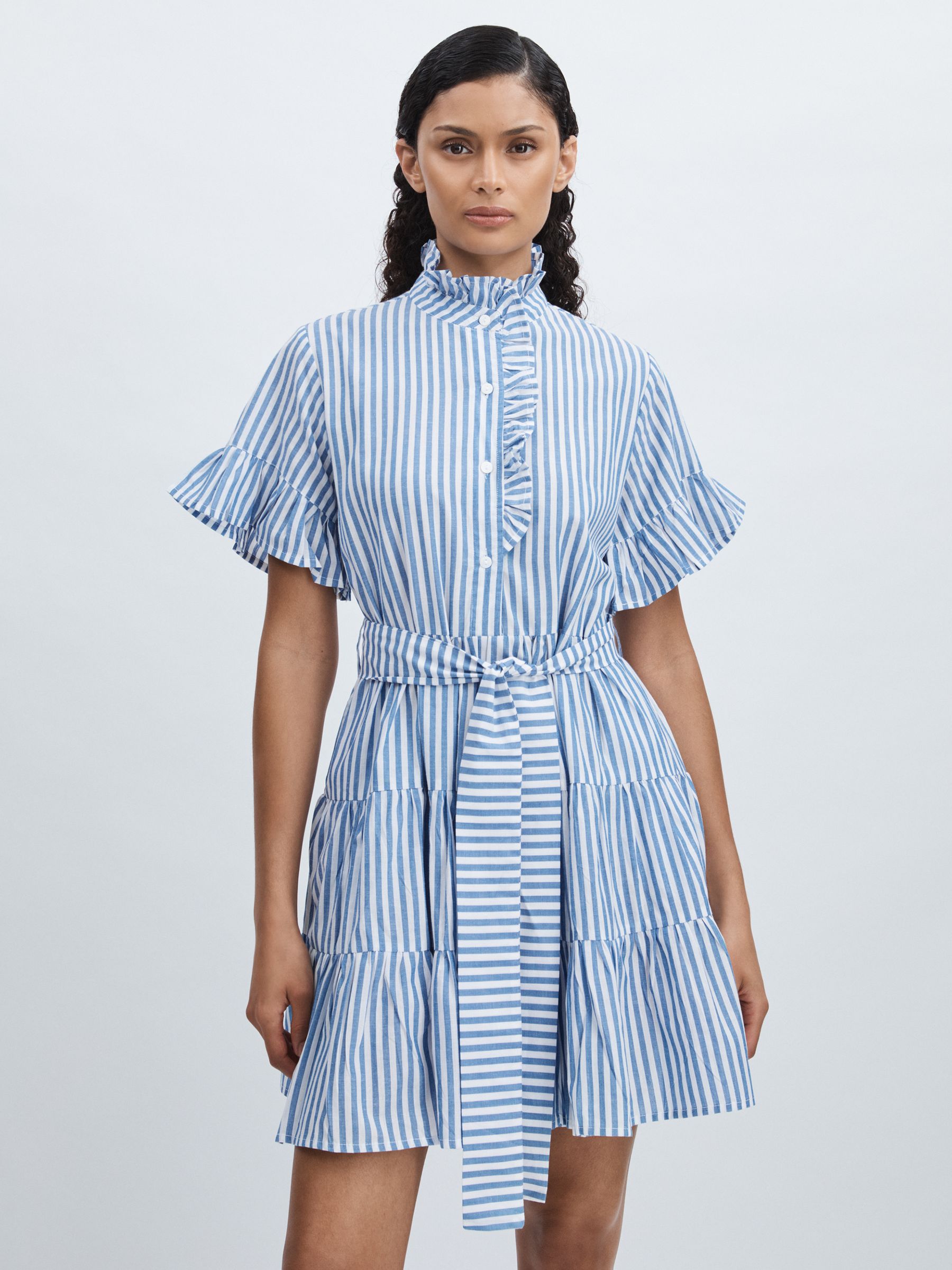 Mille 100% Cotton Striped Tiered Mini Dress in Blue Stripe - image 3