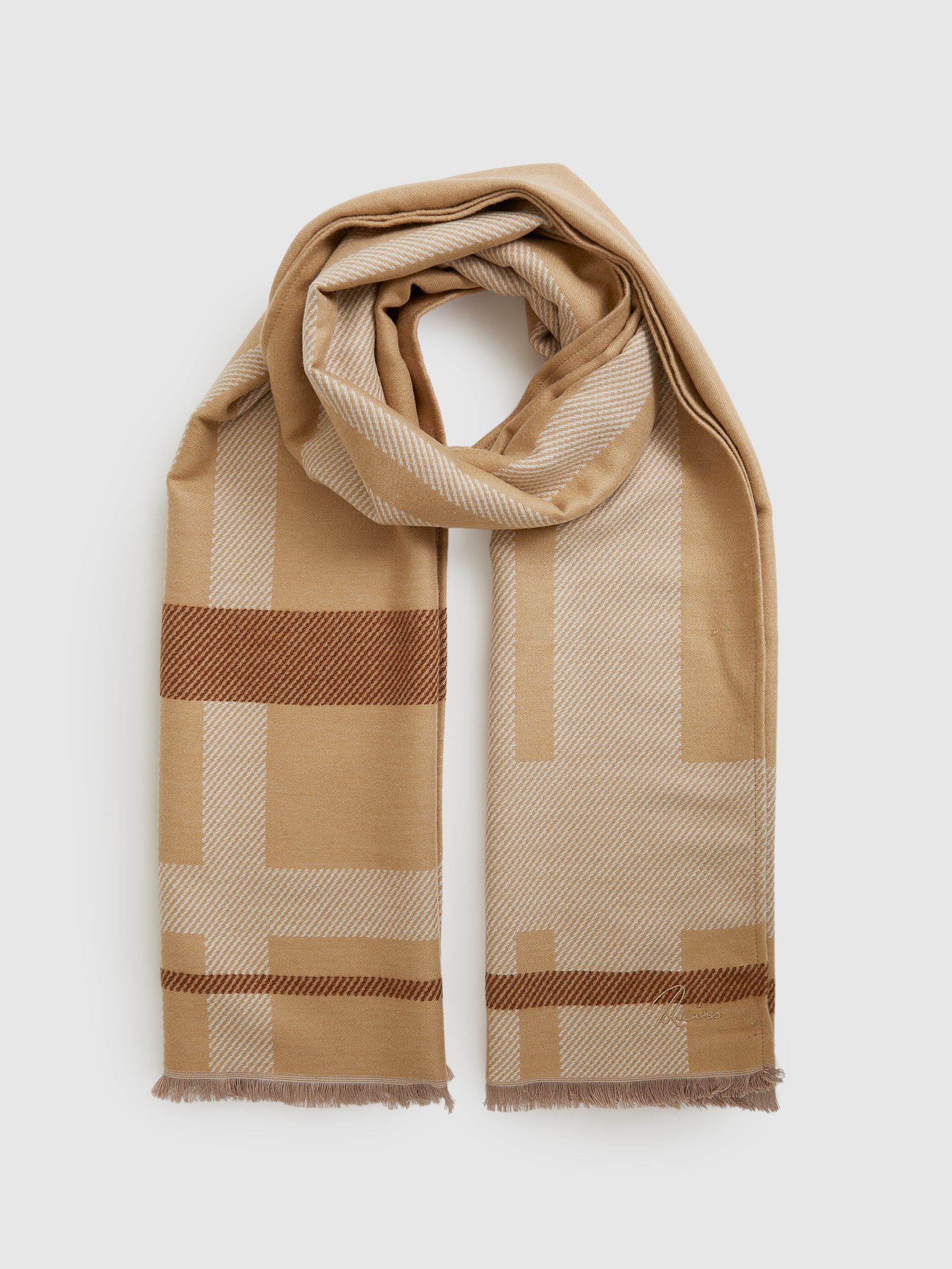 Logo-Embroidered Checked Scarf in Camel - Image 3 of 5