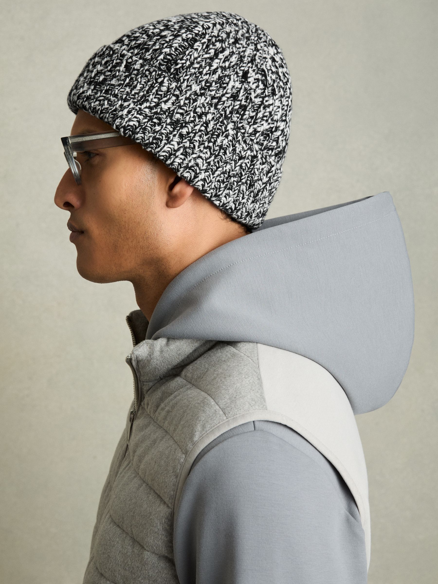 Cotton Wool Ribbed Mouliné Beanie in Black/White - Image 2 of 4