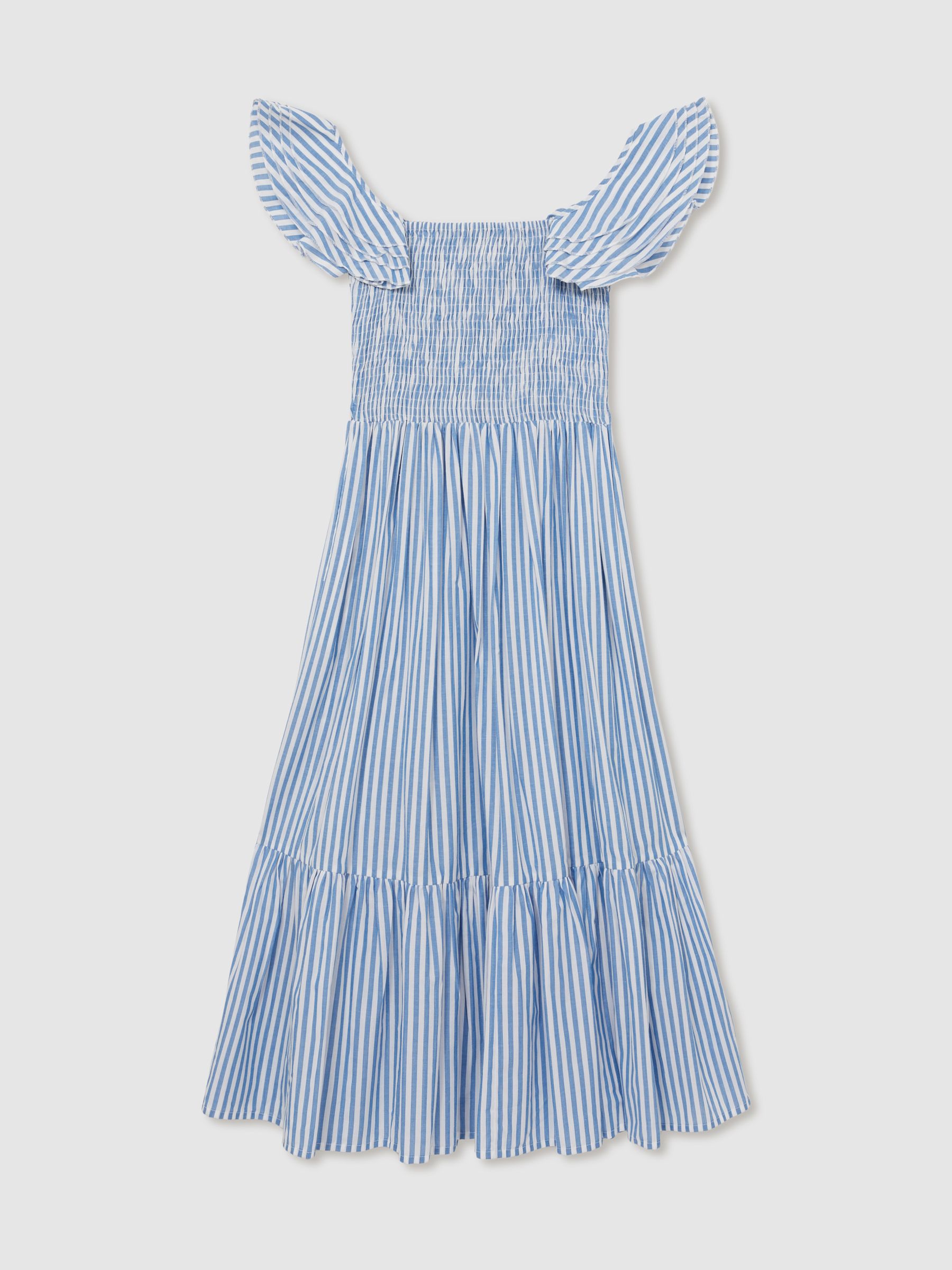 Mille 100% Cotton Striped Ruffle-Sleeve Midi Dress in Blue Stripe - Image 2 of 5