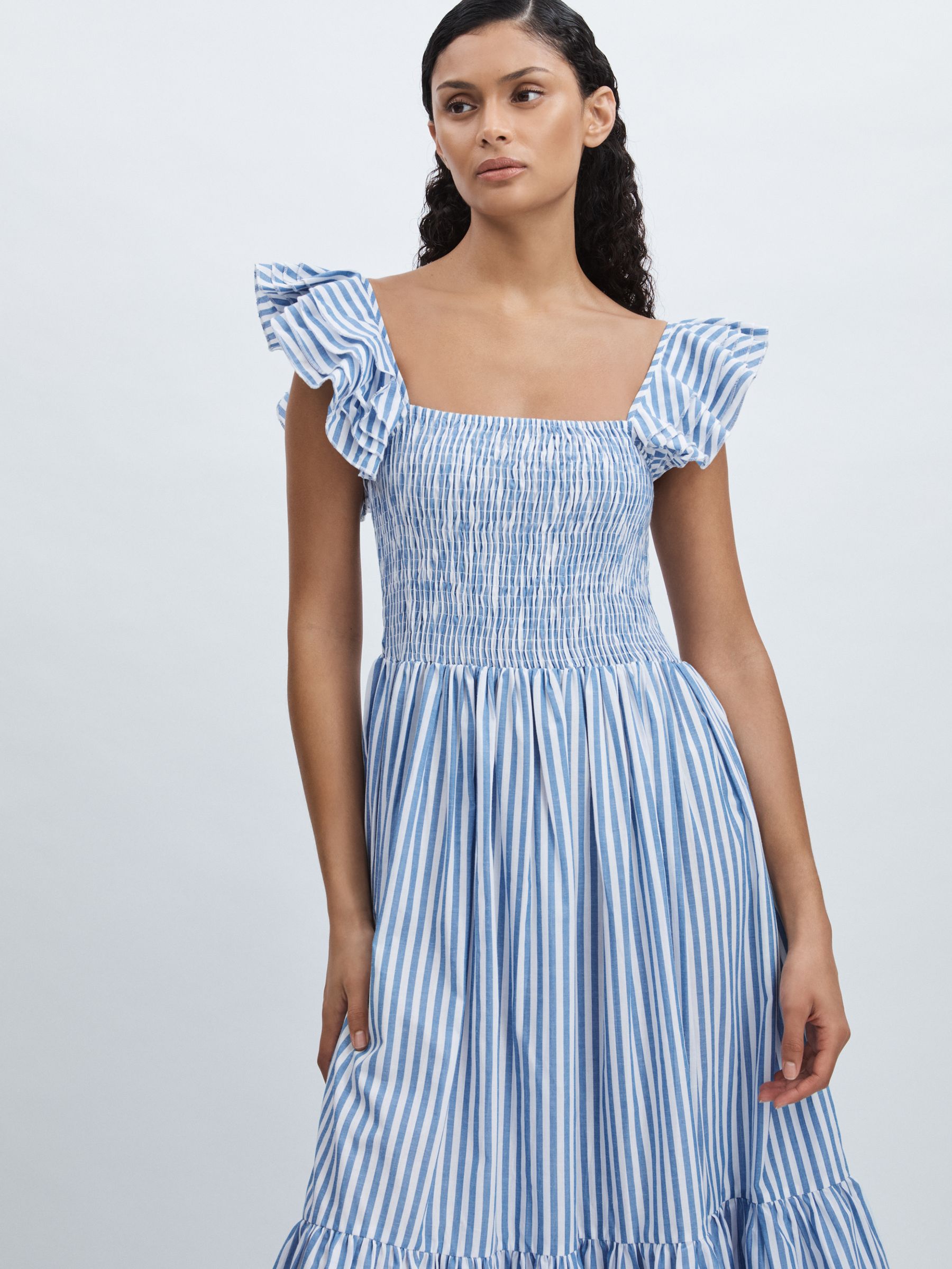 Mille 100% Cotton Striped Ruffle-Sleeve Midi Dress in Blue Stripe - Image 3 of 5