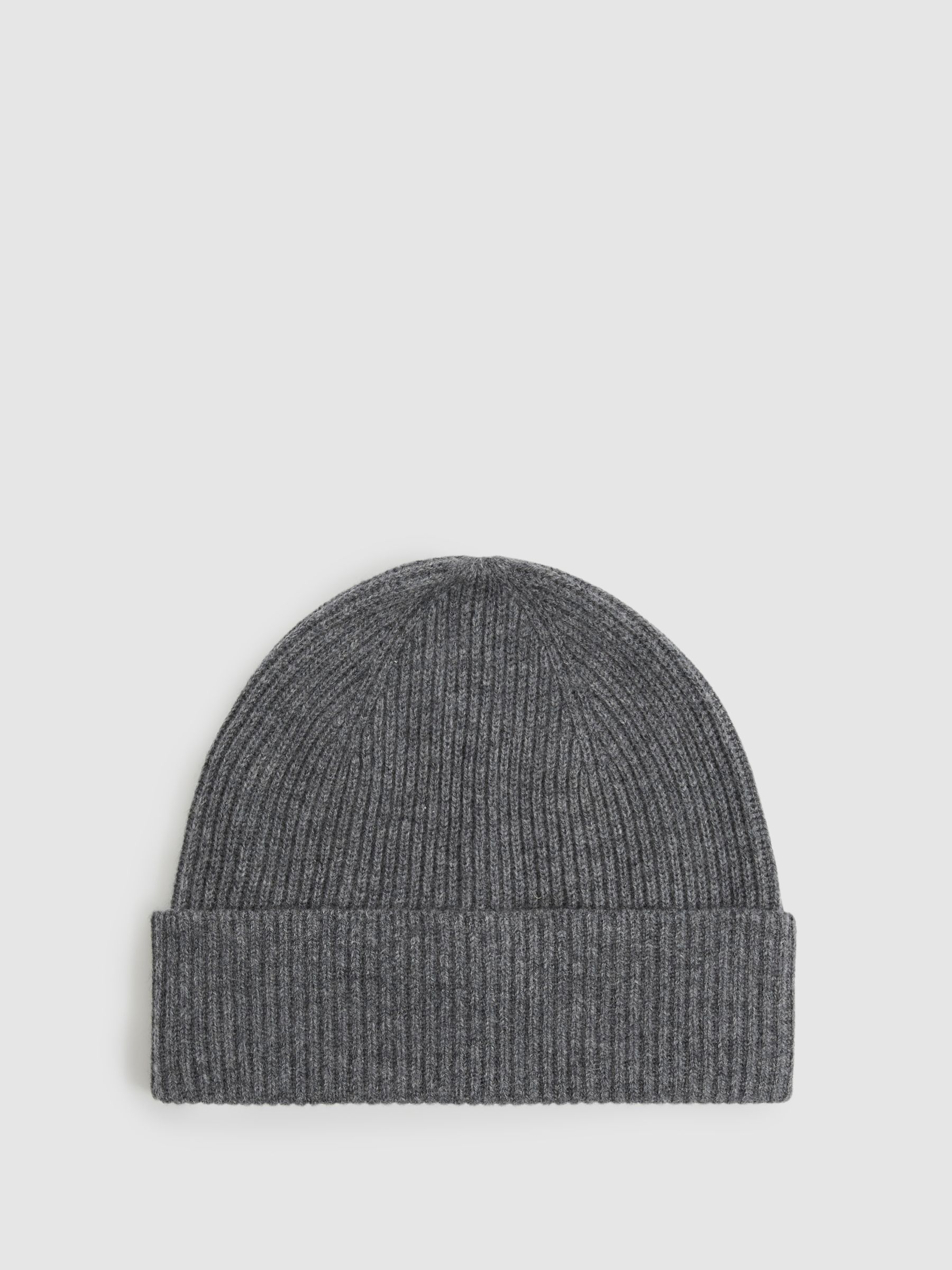 Merino Wool Ribbed Beanie Hat in Mid Grey Melange - Image 1 of 4
