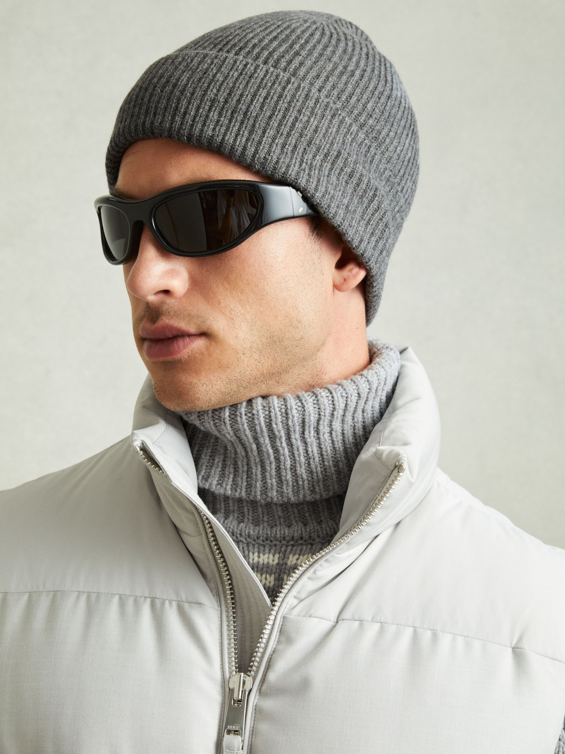 Merino Wool Ribbed Beanie Hat in Mid Grey Melange - Image 2 of 4