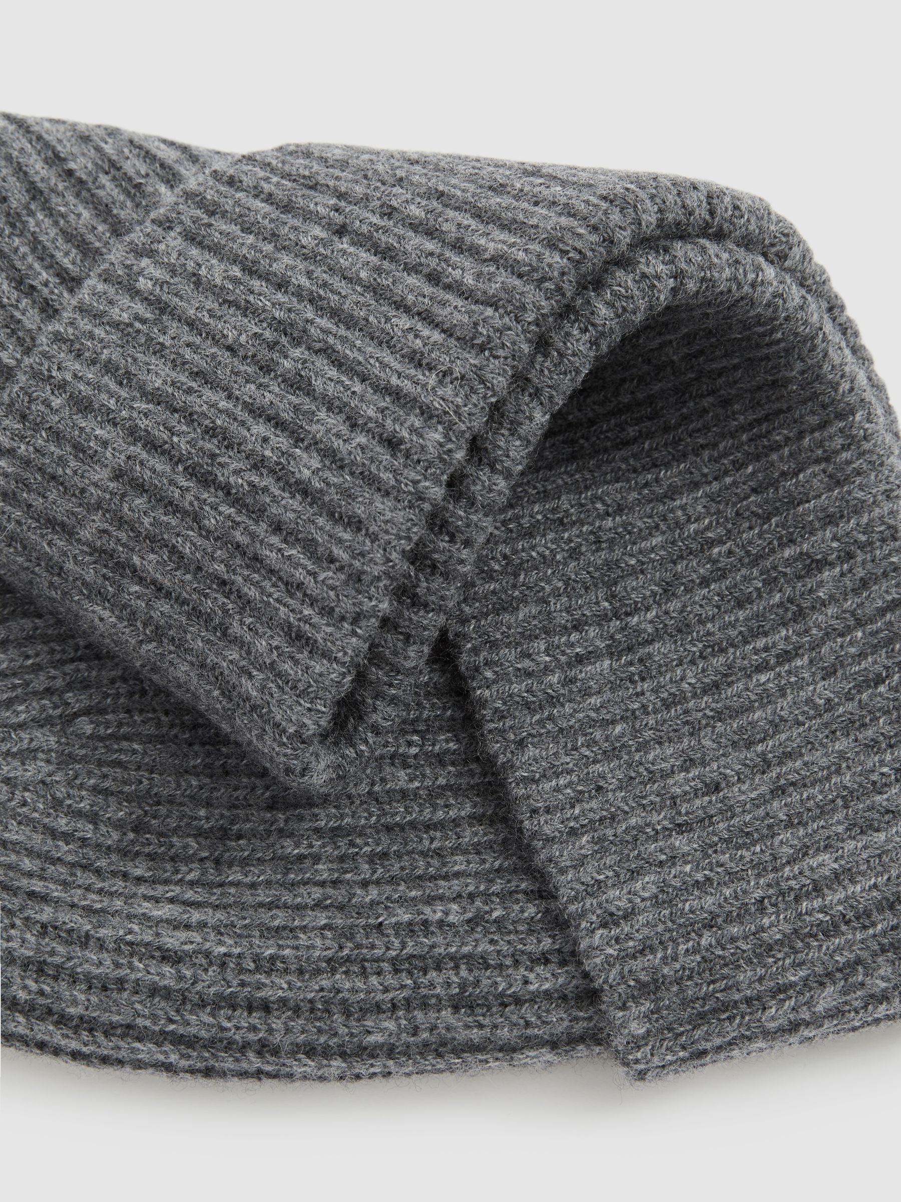 Merino Wool Ribbed Beanie Hat in Mid Grey Melange - Image 3 of 4