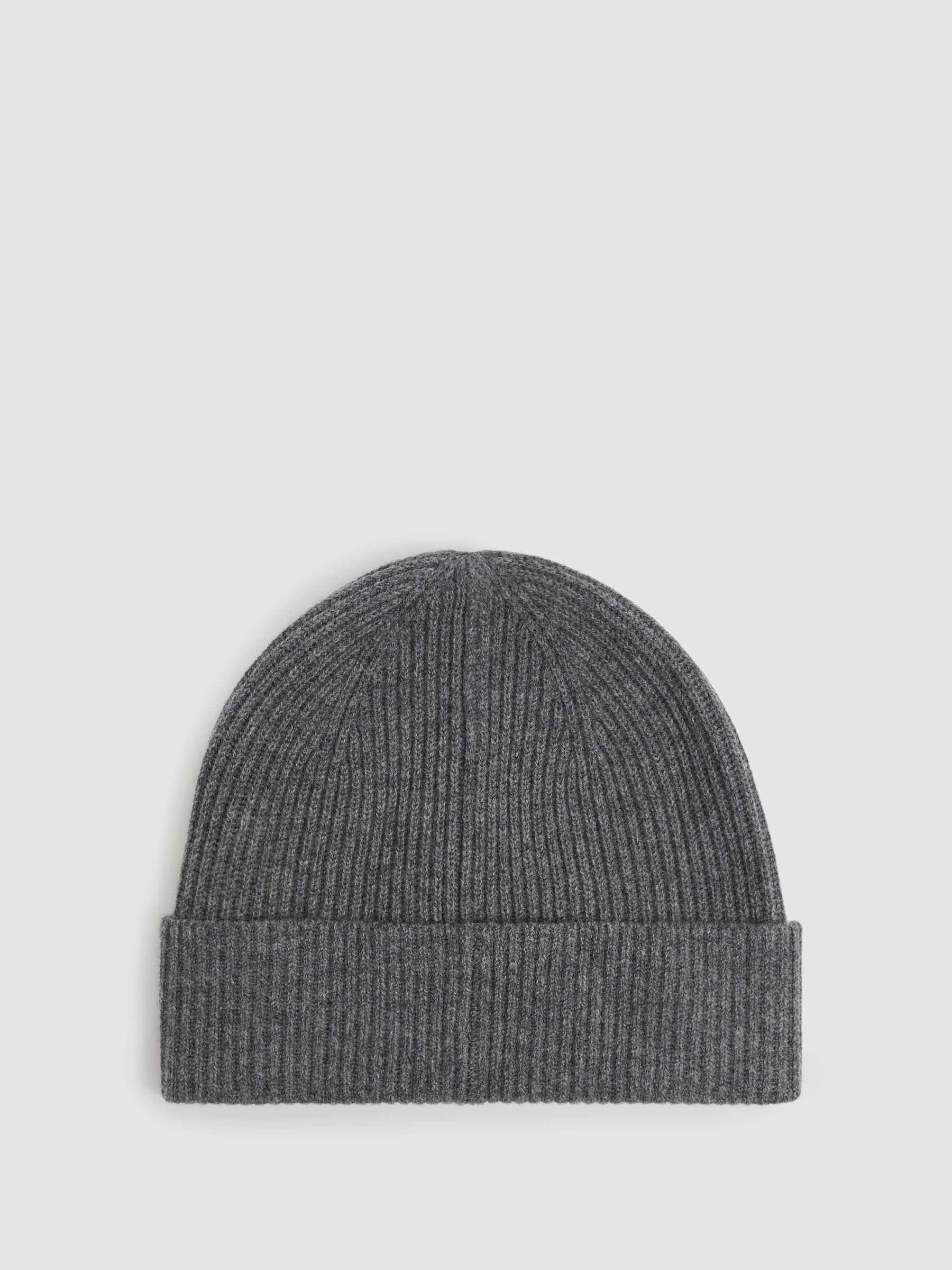 Merino Wool Ribbed Beanie Hat in Mid Grey Melange - Image 4 of 4