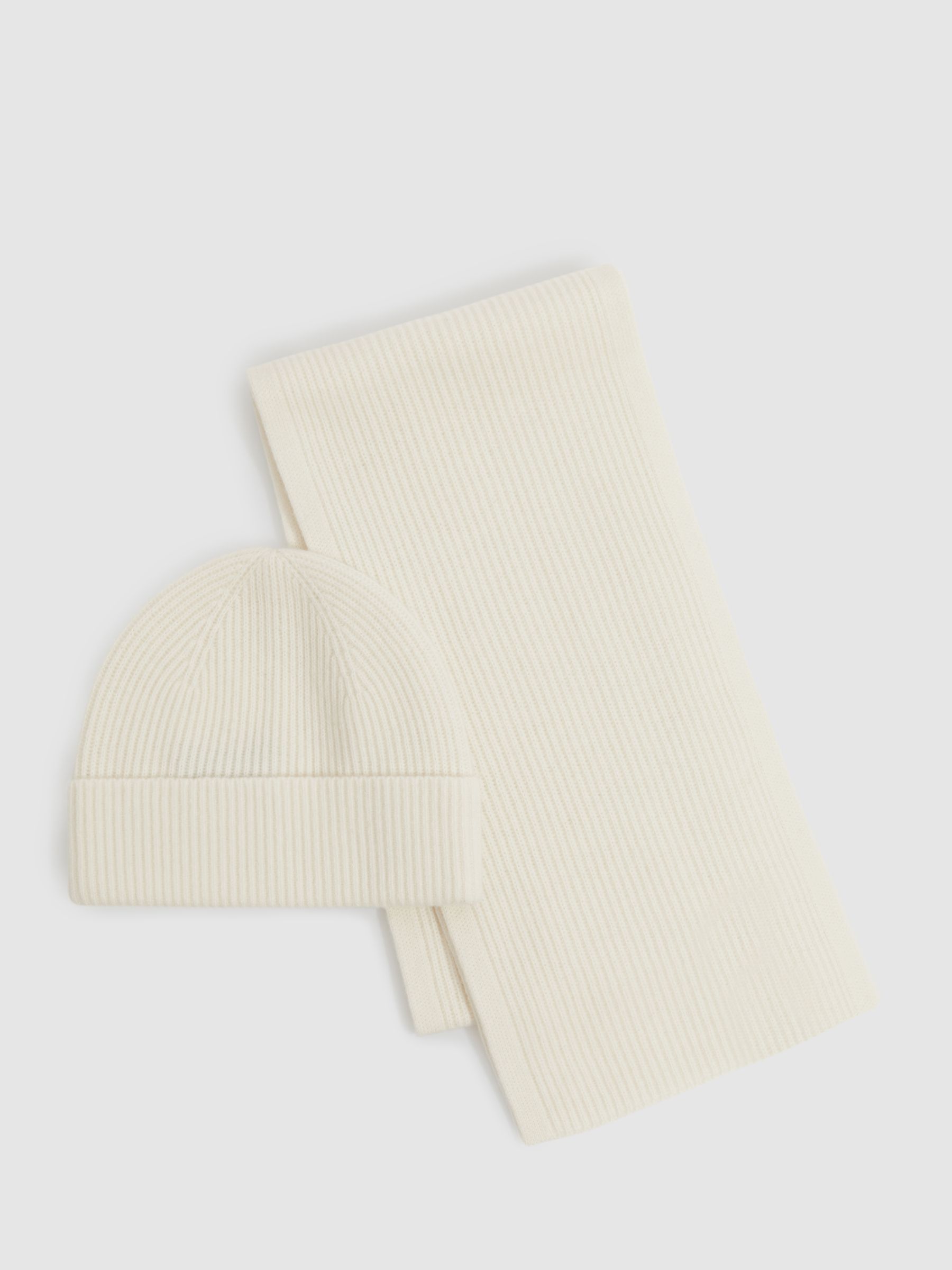 Merino Wool Ribbed Scarf And Beanie Set in Off White - Image 1 of 5