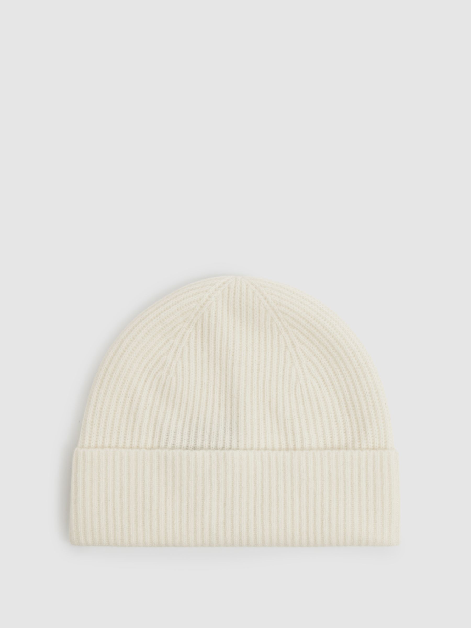 Merino Wool Ribbed Beanie Hat in Off White - Image 1 of 4